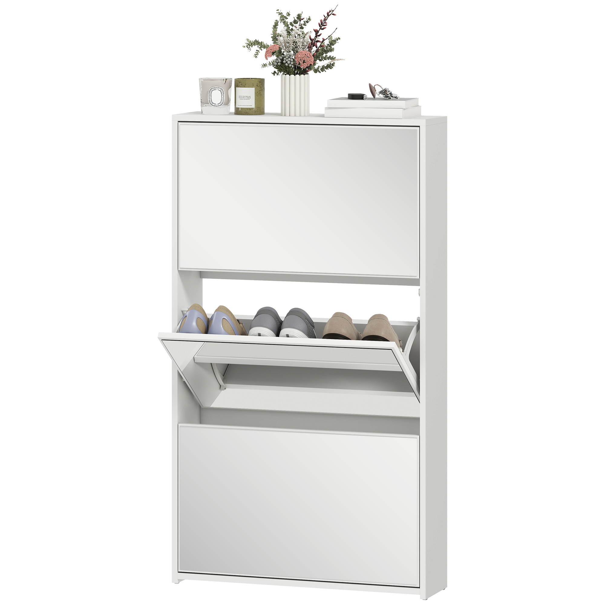 HOMCOM Armoire à Chaussures Miroir avec 3 Tiroirs Basculants pour 9 Paires de Chaussures, en Bois, 65x17x114.5 cm, Blanc