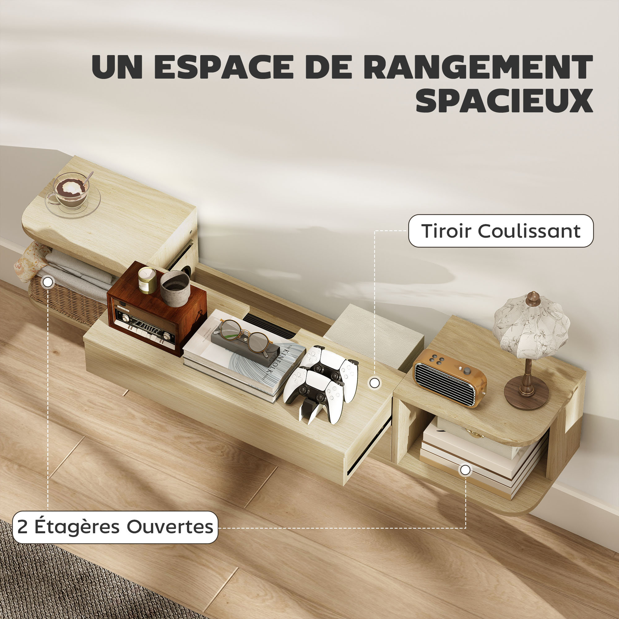 Meuble TV Suspendu HOMCOM 120 Cm - Étagères, Tiroir, Prises Et Ports USB/Type-C - Pour TV Jusqu'à 50 Pouces - 2