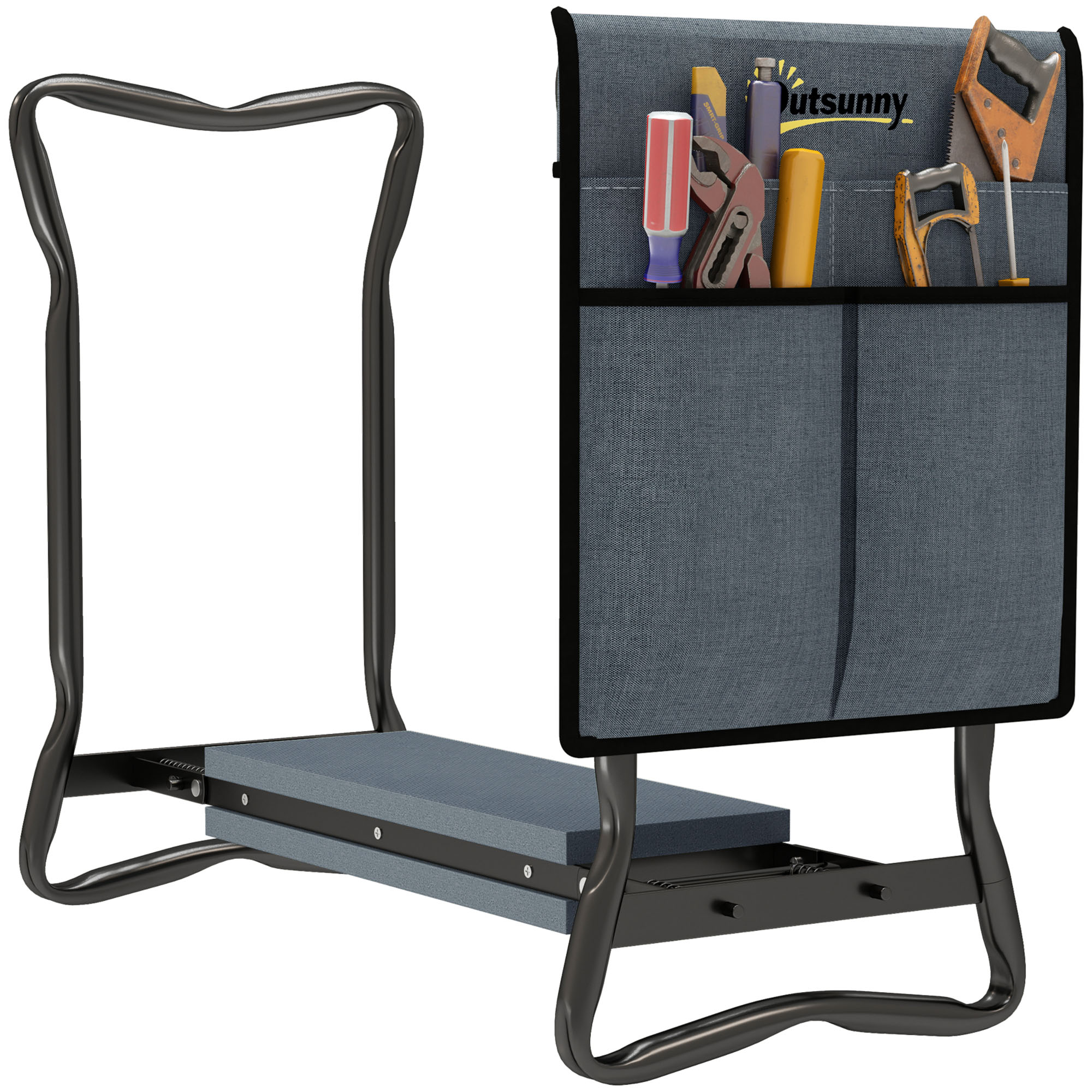 Outsunny Siège-genouillère 2 en 1 en acier avec sac porte-outils et coussin en EVA, 58x28x49 cm, gris et noir