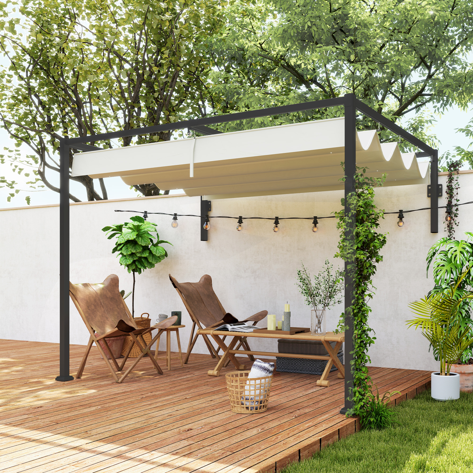 Outsunny Wand-Pergola/Gazebo 3x2 m mit einziehbarem Dach, Ablauflöchern, Er günstig online kaufen