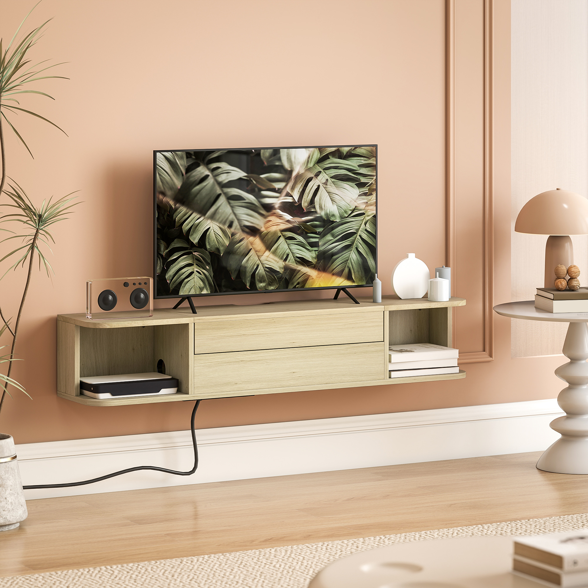 Meuble TV Suspendu HOMCOM 120 Cm - Étagères, Tiroir, Prises Et Ports USB/Type-C - Pour TV Jusqu'à 50 Pouces - 4