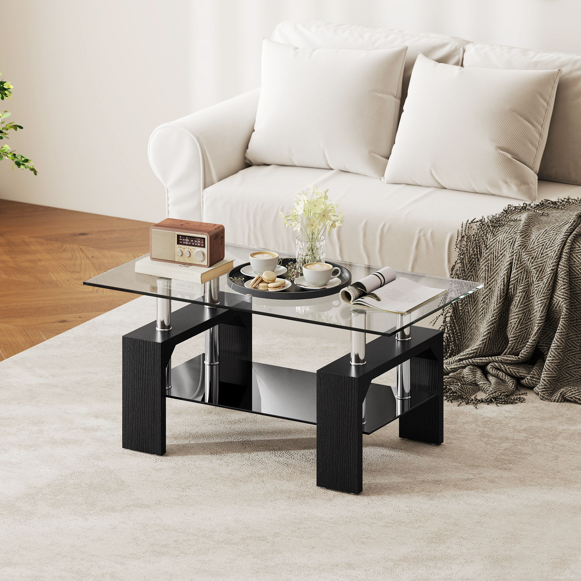 HOMCOM Moderner 2‑stufiger Couchtisch mit Ablage aus gehärtetem Glas, Sofat günstig online kaufen