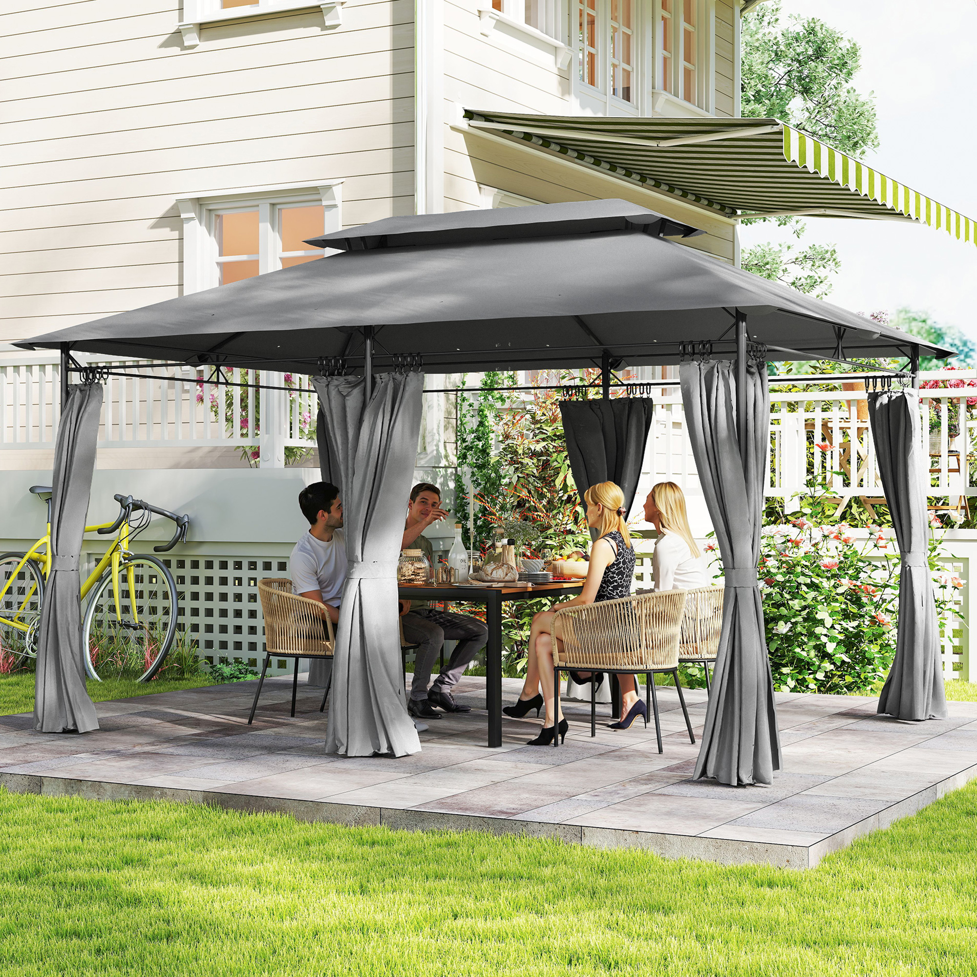 Outsunny Gartenpavillon 3x4 m mit abnehmbaren Vorhängen, Doppeldach und 12 günstig online kaufen