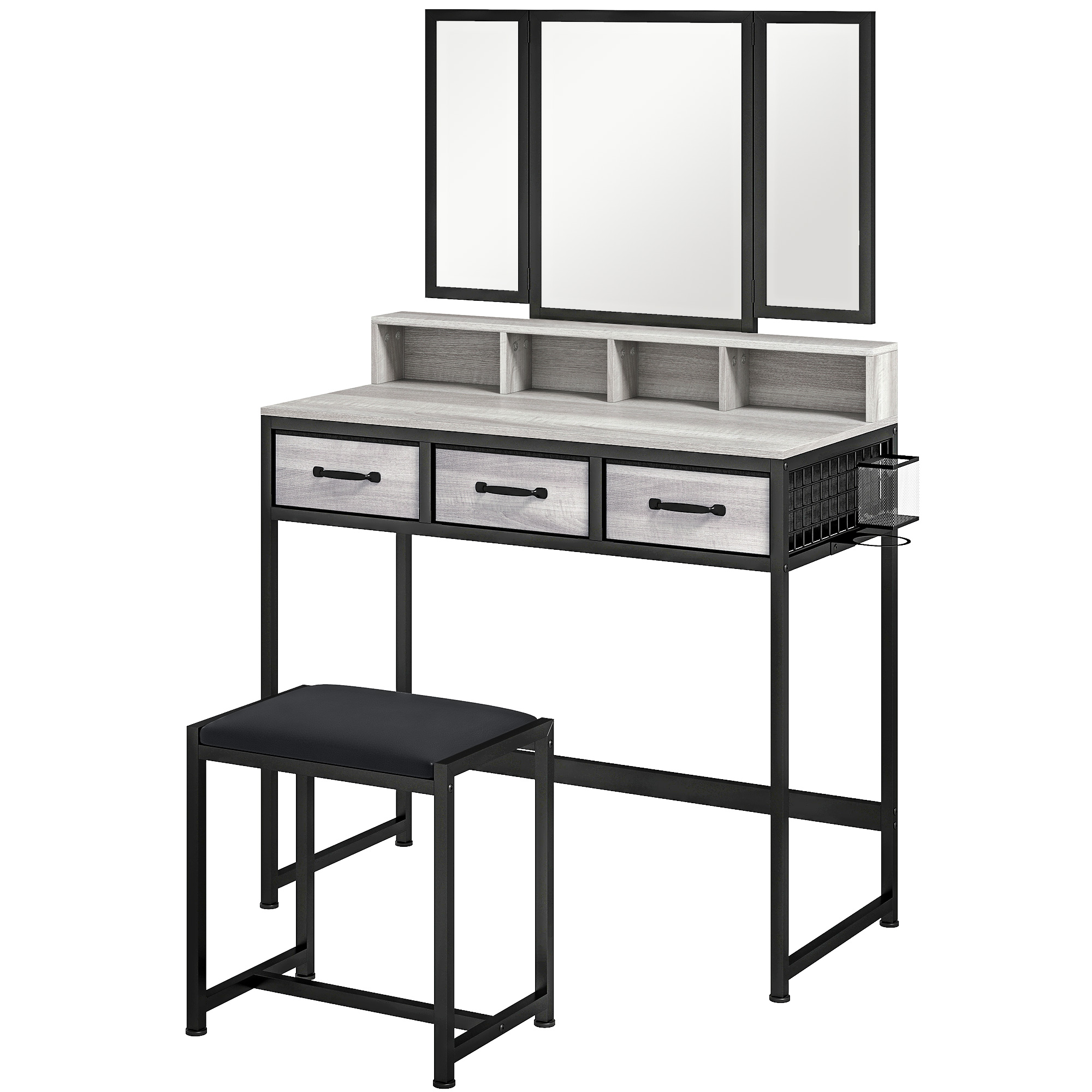 HOMCOM Tocador de Maquillaje con Espejo Tríptico Desmontable Taburete 3 Cajones de Tela Soporte para Secador de Pelo Gris