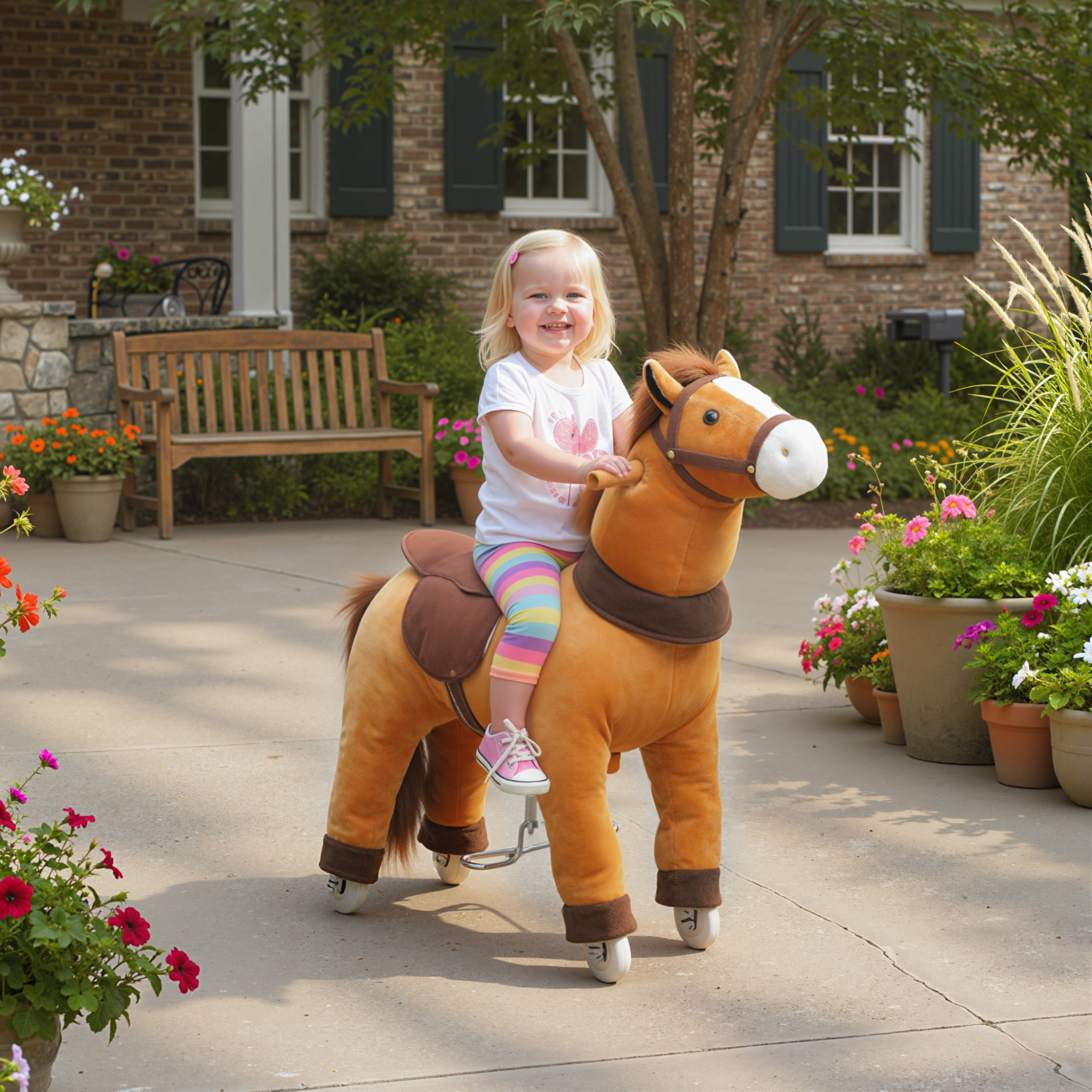 AIYAPLAY Rijdend paard, voor kinderen 3-5 jaar, stoffen bekleding, stevig frame, zachte wielen, hobbelpaard, tot 25 kg, donkerbruin | Aosom.nl