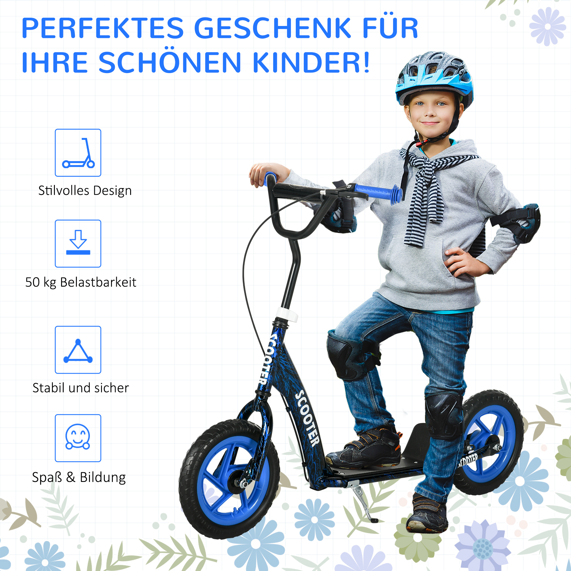 Nattork Scooter voor kinderen vanaf 6 jaar, jongeren en volwassenen, draagkracht 240 kg, schokdemper voor en verstelbaar stuur, soepel lopen dankzij robuuste 8 inch wielen (Wit