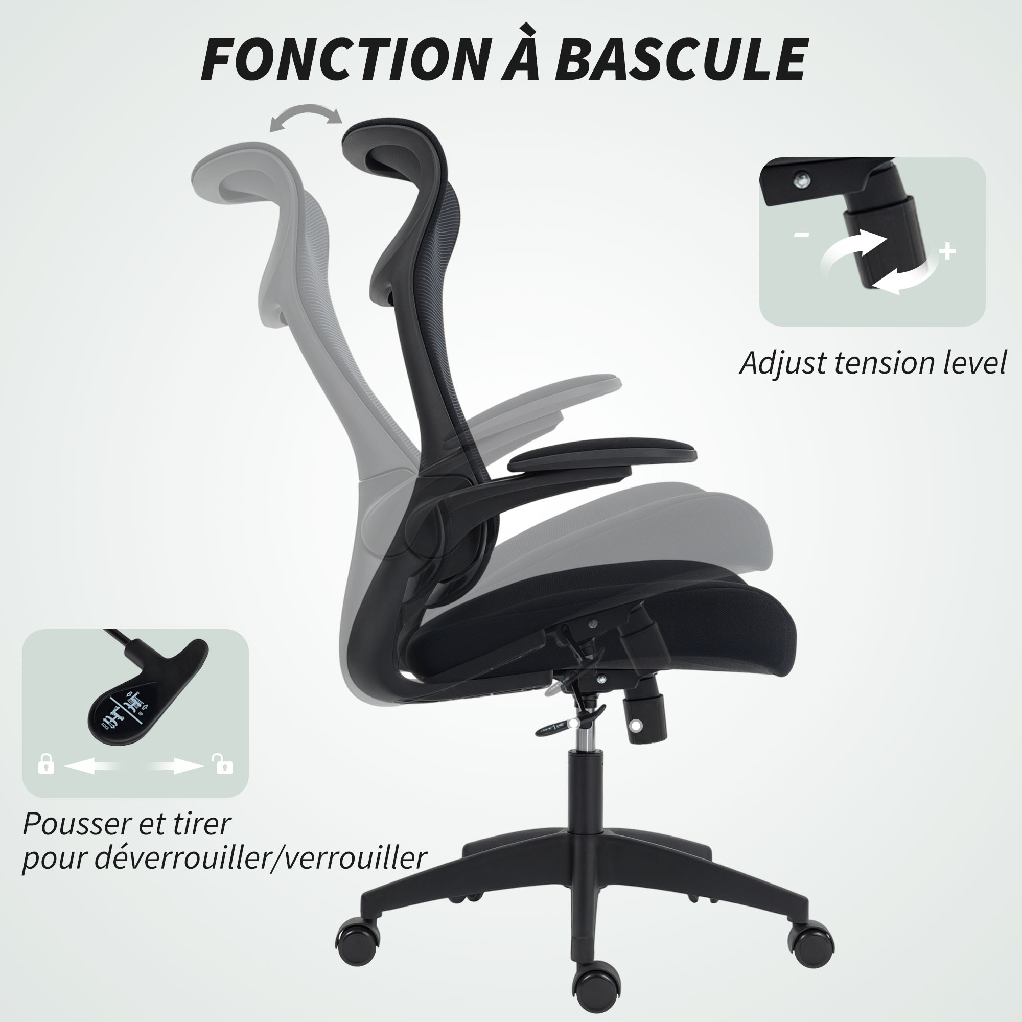 Chaise De Bureau Ergonomique HOMCOM - Dossier Maille, Accoudoirs 3D, Appui-tête - Réglable Et Pivotante - Noir