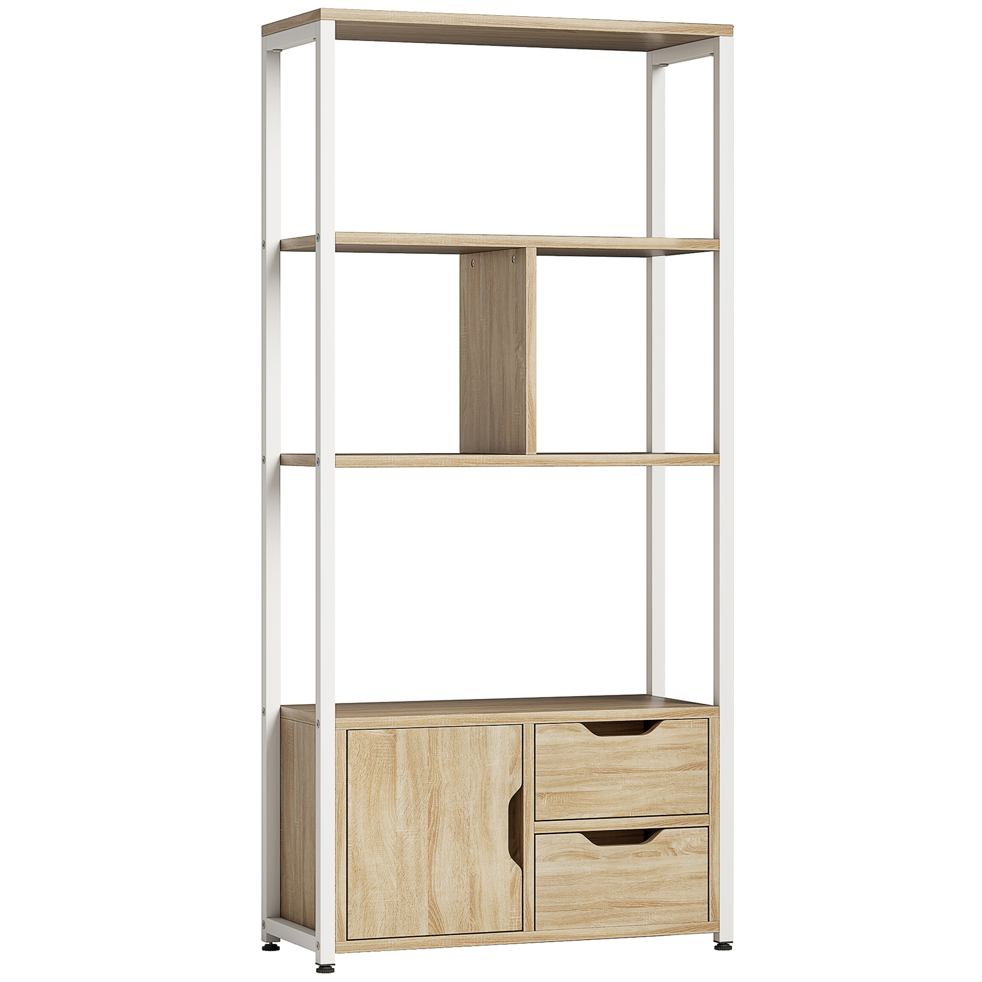 HOMCOM Librería Estantería para Libros con Estantes Cajones y Puerta 58x24x122 cm Estilo Industrial Blanco y Madera Natural
