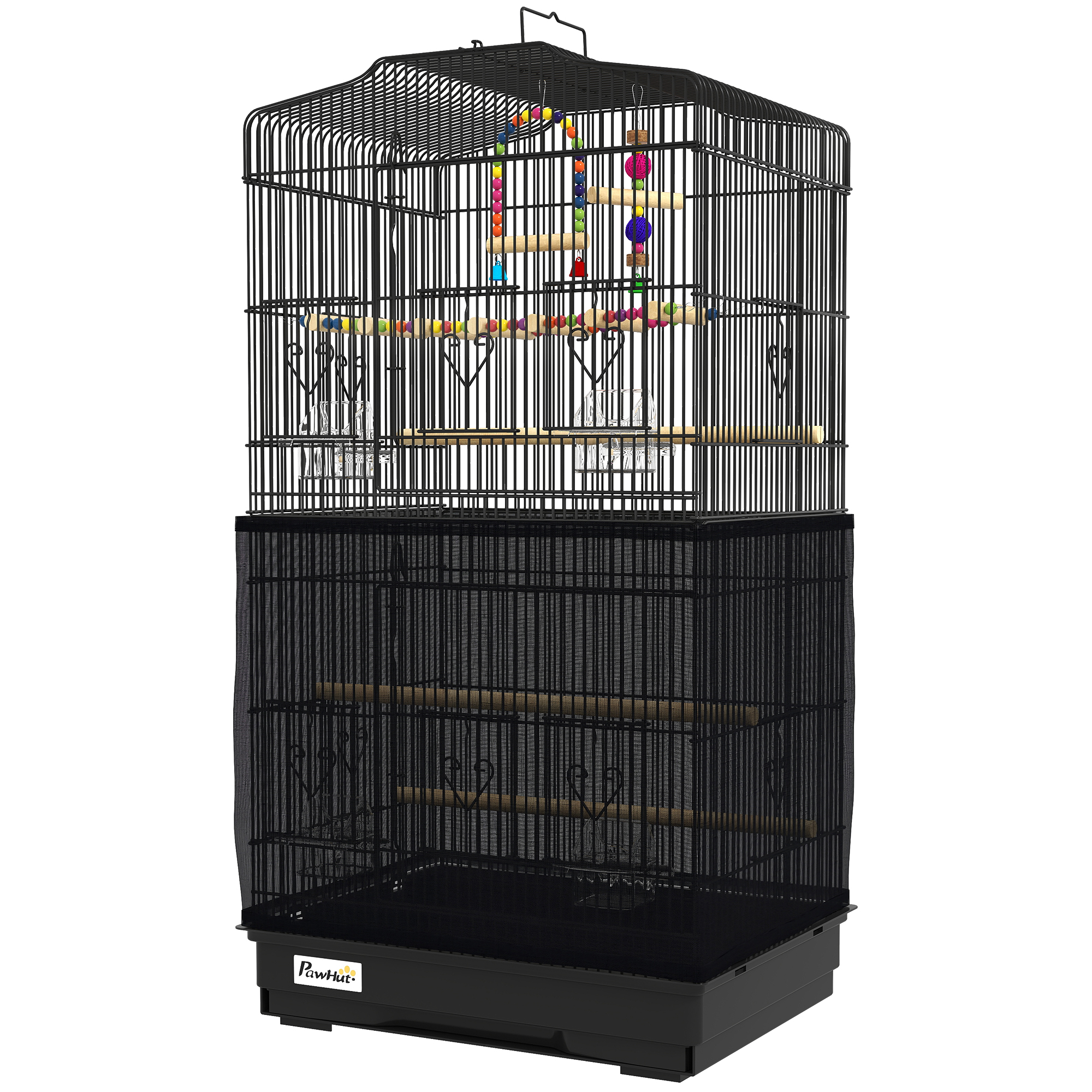 Comparer les prix de PawHut Cage pour oiseaux avec poignée, plateau extractible, perchoirs en bois, balançoire et gamelles, 46.5x35.5x92cm, Noir