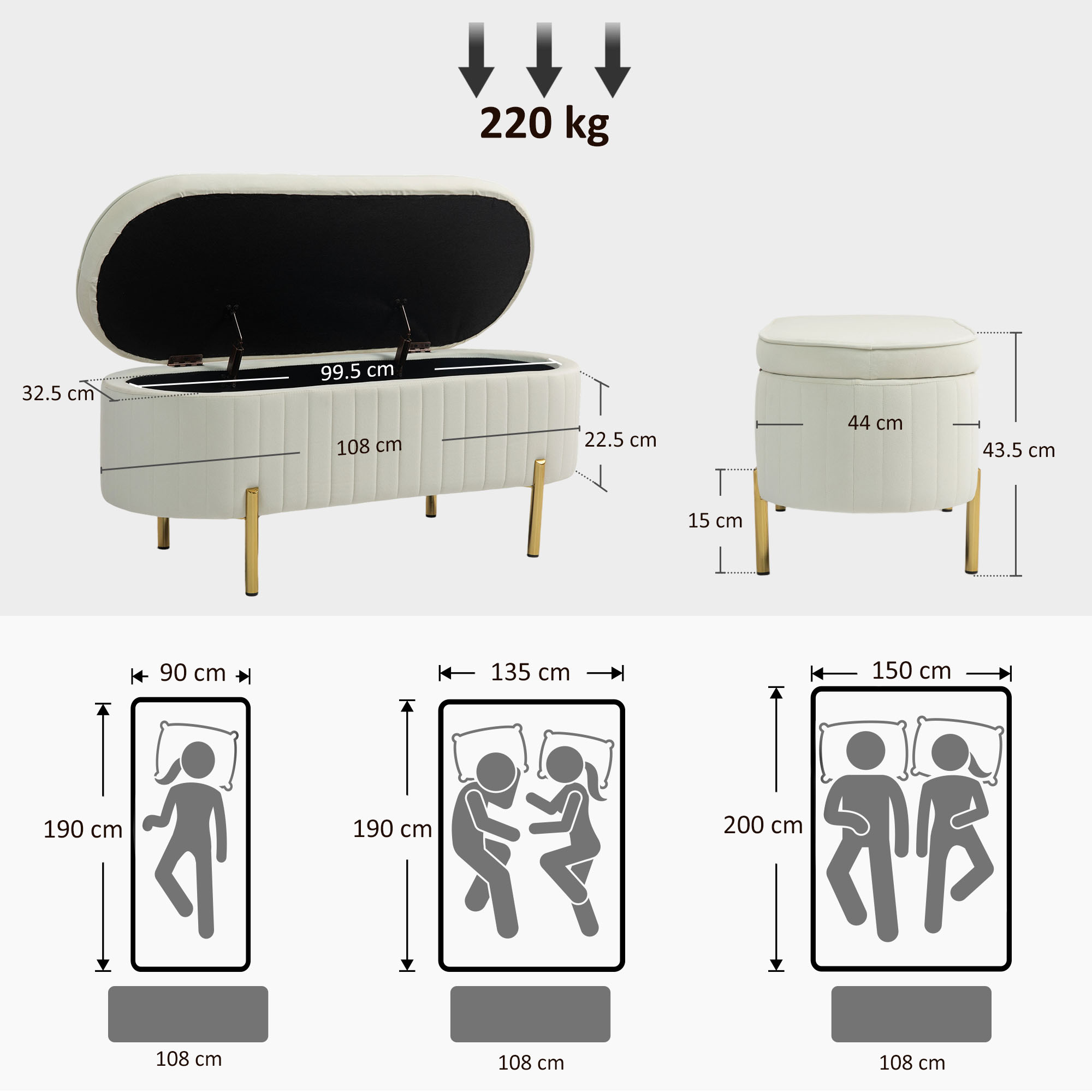  Banca de Depozitare Ovala 72L din tesatura cu Efect de Velur Crem [2]