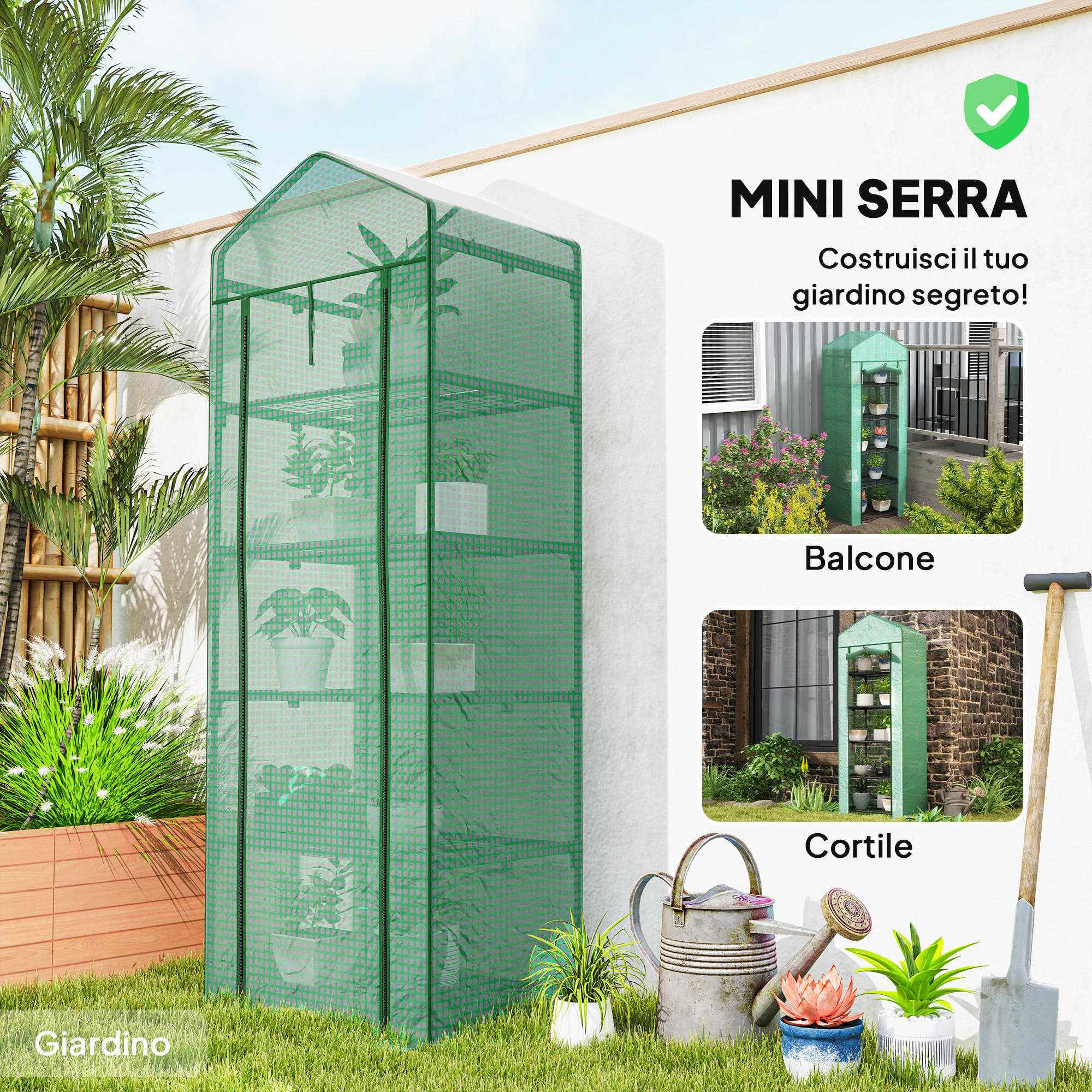 Outsunny Serra Da Balcone 5 Livelli Con Porta Avvolgibile – Struttura In Acciaio E Copertura PE, 69x49x193 Cm, Per Piante, Orto E Fiori, Verde
