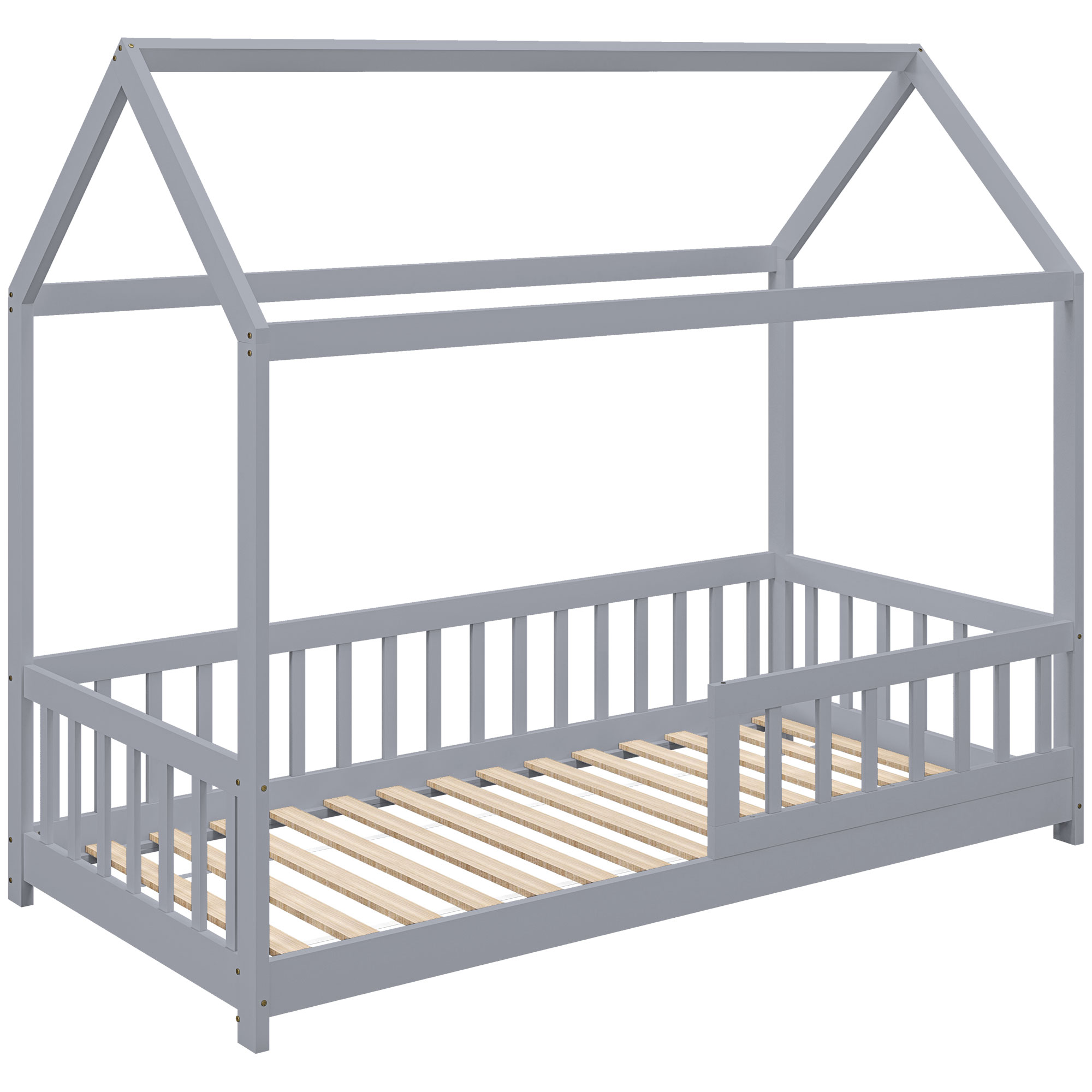 Homcom Boys Grey House-Shaped Kids Bed Frame With Guard Rails, Solid Pine Wood Single Bed Frame For Kids And Girls,