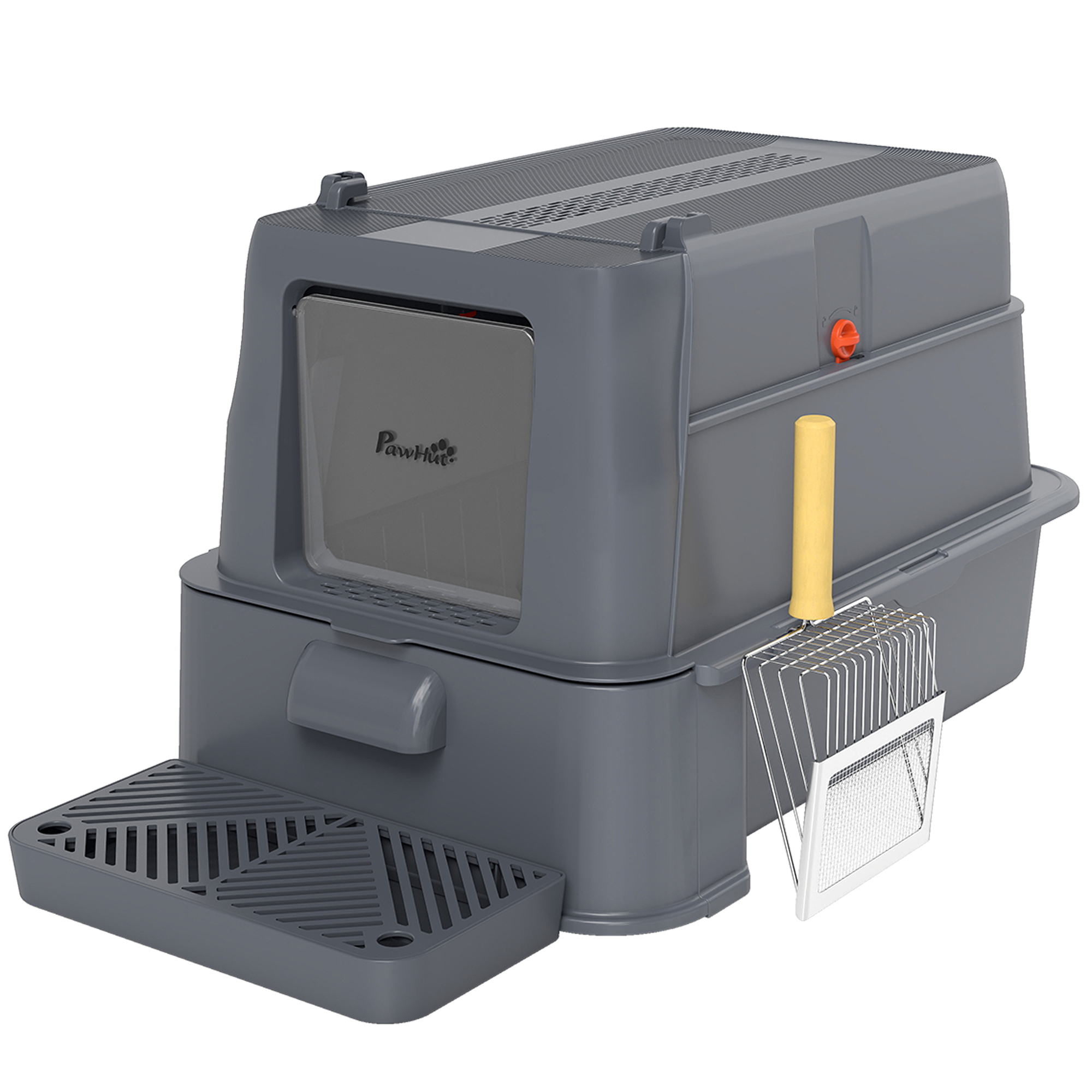 PawHut Litieră Închisă de 80L pentru Pisici cu Tavă Detașabilă, în ABS și Oțel Inoxidabil, 63x43x43 cm, Gri Închis | Aosom Romania