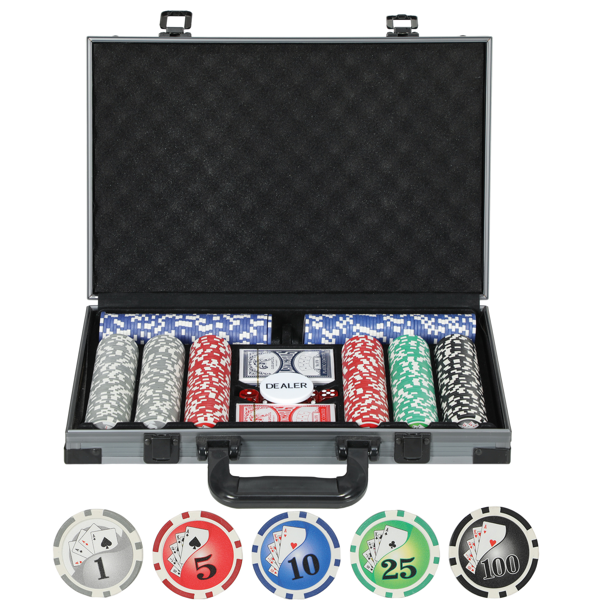 SPORTNOW Pokerkoffer Pokerset, Poker Komplett Set mit 400 Chips, 11,5 Gramm, 2 Kartendecks, 5 Würfeln, Dealer-Scheibe, Spielmatte, Aluminiumkoffer   Aosom – SPORTNOW
