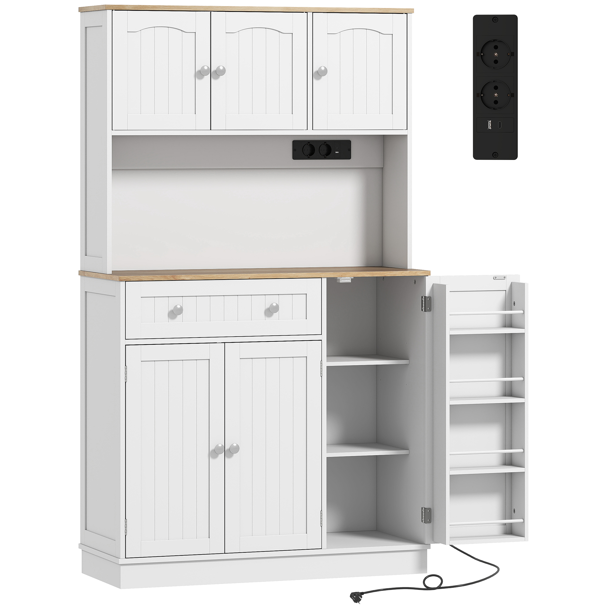 HOMCOM Alacena de Cocina con Estación de Carga 6 Puertas 1 Cajón Estantes Ajustables Encimera Amplio 100x40x173 cm Blanco   Aosom España