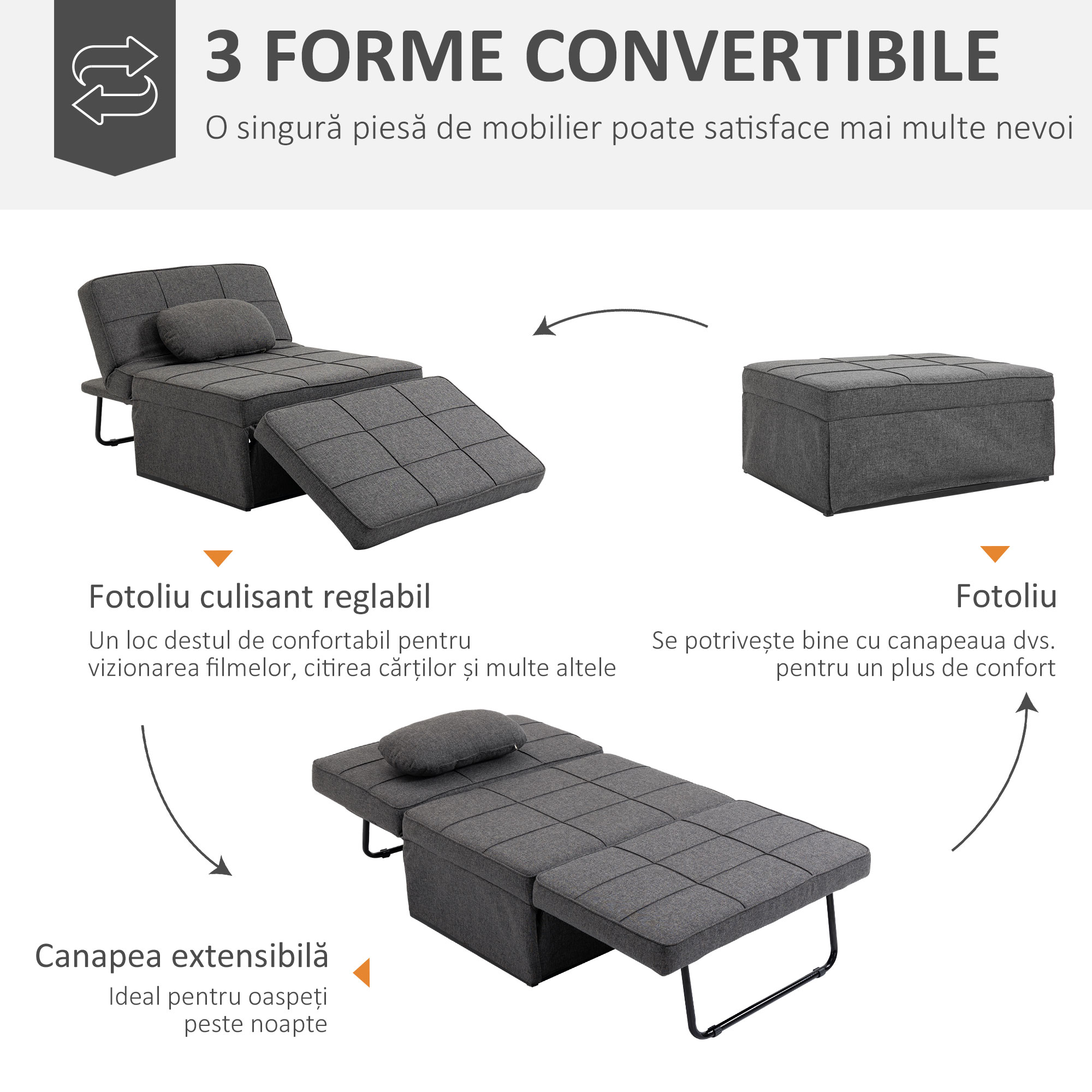  Taburet Pat Individual 3 in 1 cu Spatar Reglabil pe 5 Nivele si Perna Suplimentara, 95x179x78 cm, Gri [3]