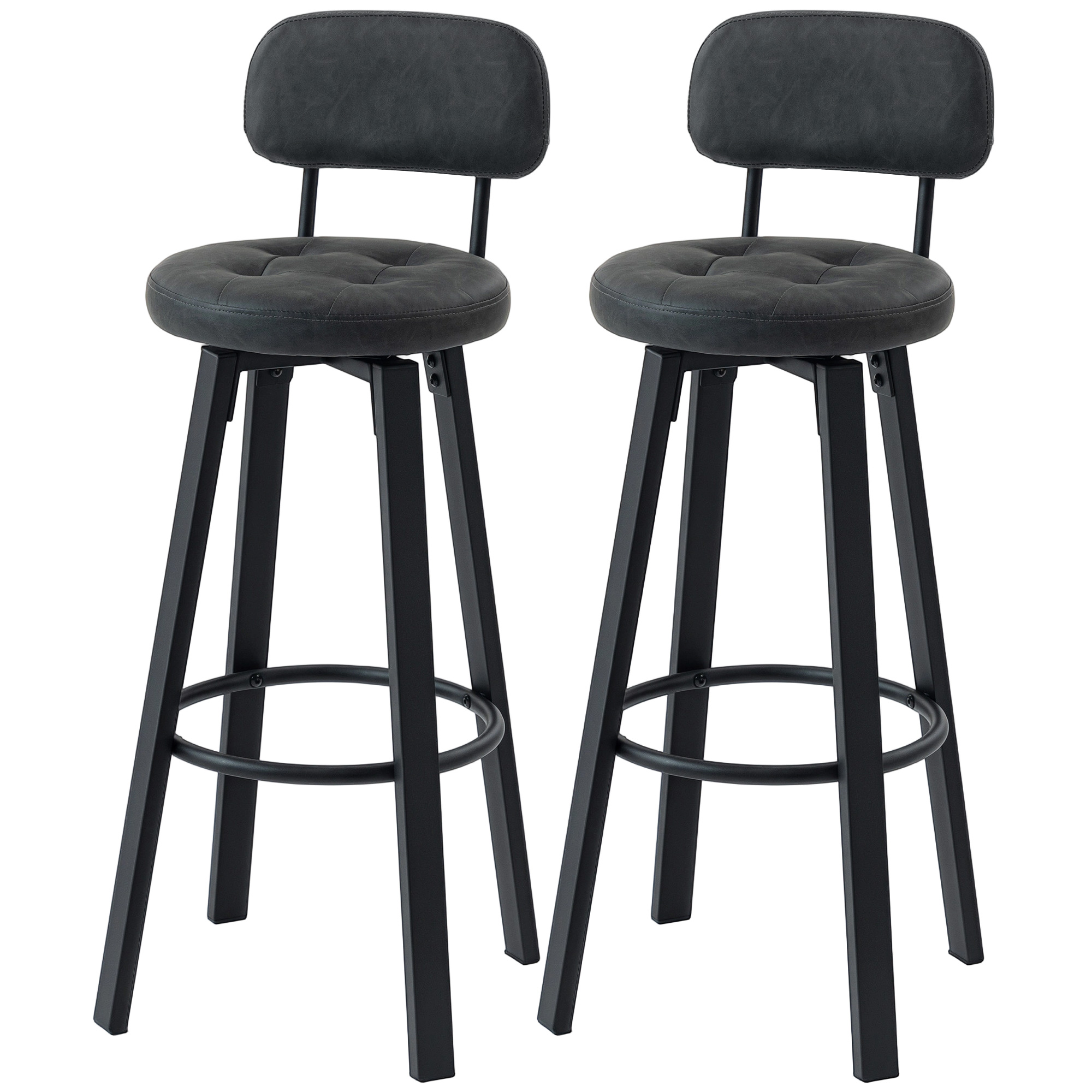 HOMCOM Lot de 2 Tabourets de Cuisine Hauts Pivotants Revêtus de PU avec Dossier Structure Métallique Repose-pieds Gris Foncé