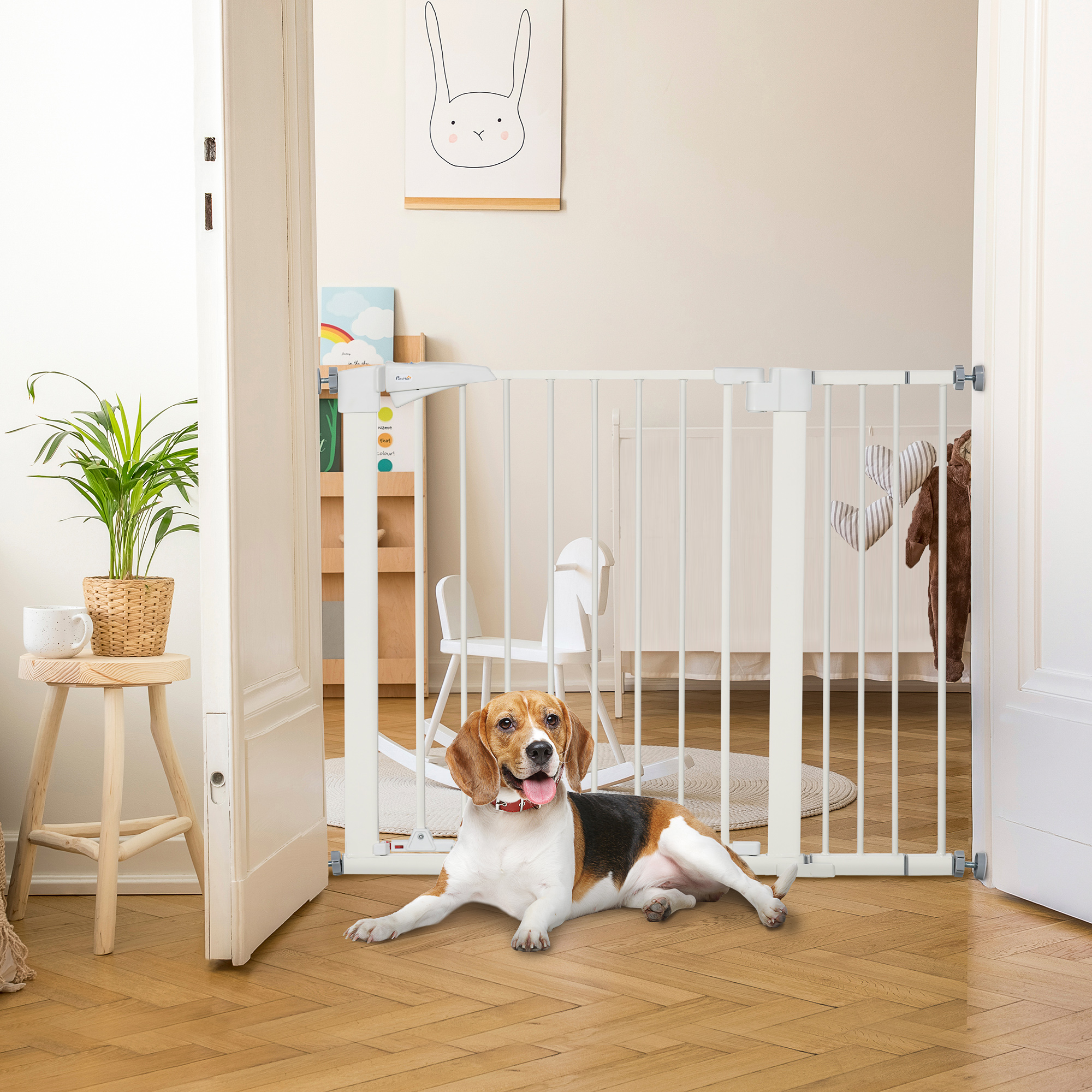 PawHut Barrière De Sécurité Chien Sans Perçage - Fermeture Automatique Double Verrouillage - Largeur 76-103 Cm Blanc
