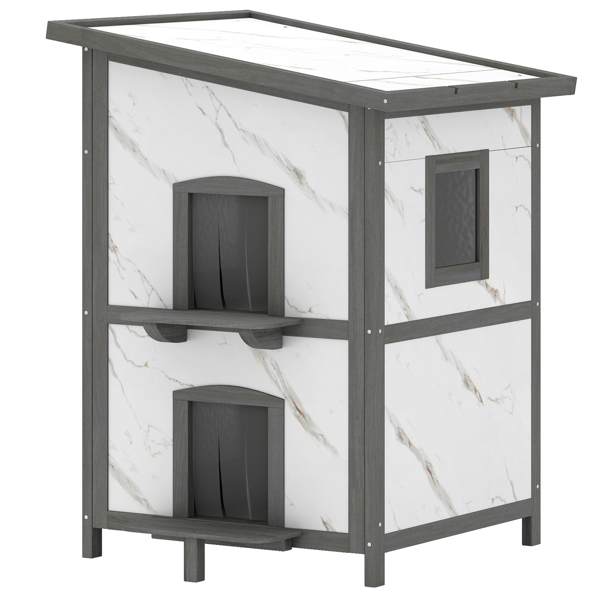 Meilleurs prix pour PawHut Maison d'extérieur pour chat, maison en bois pour chats, plusieurs entrées, fenêtre, imperméable, 60 x 60 x 88 cm, Blanc