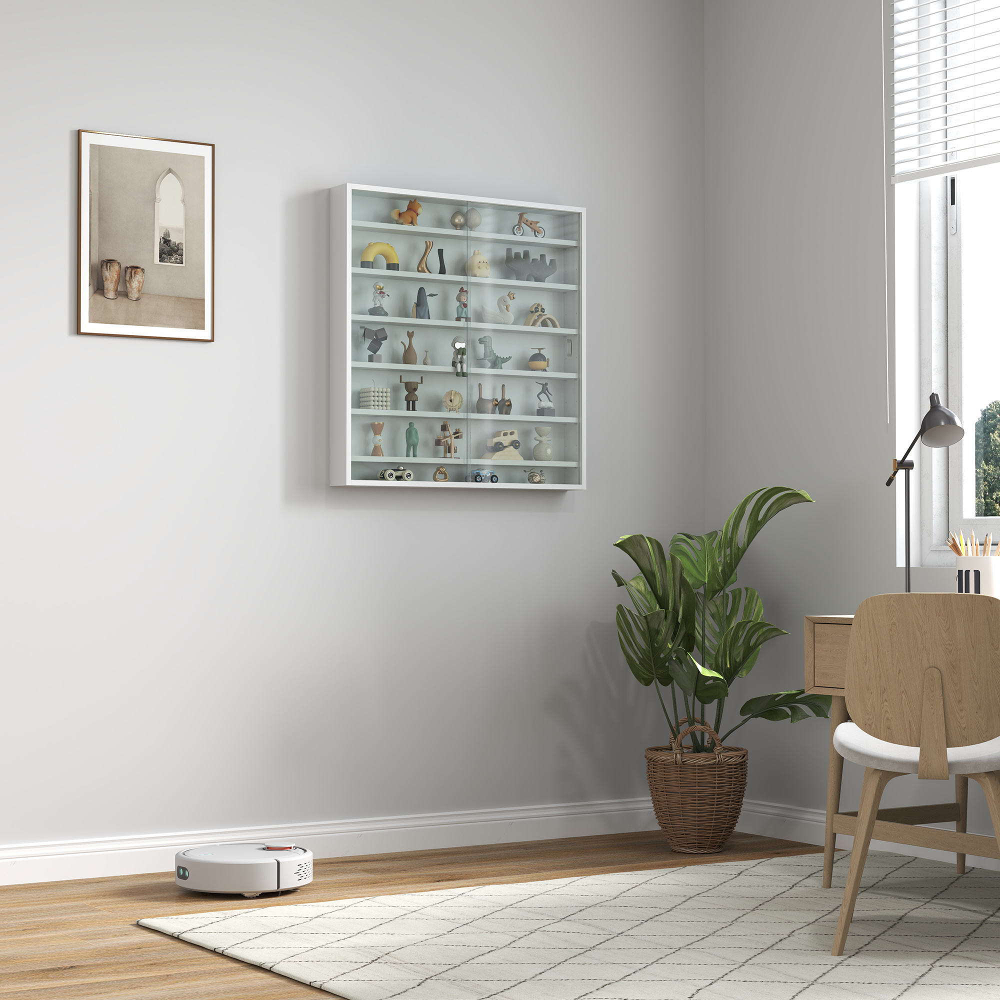 Vetrina Da Parete HOMCOM 80x83 Cm Con 6 Ripiani Regolabili E Ante Scorrevoli In Vetro, Per Collezioni E Figurine, Colore Marrone