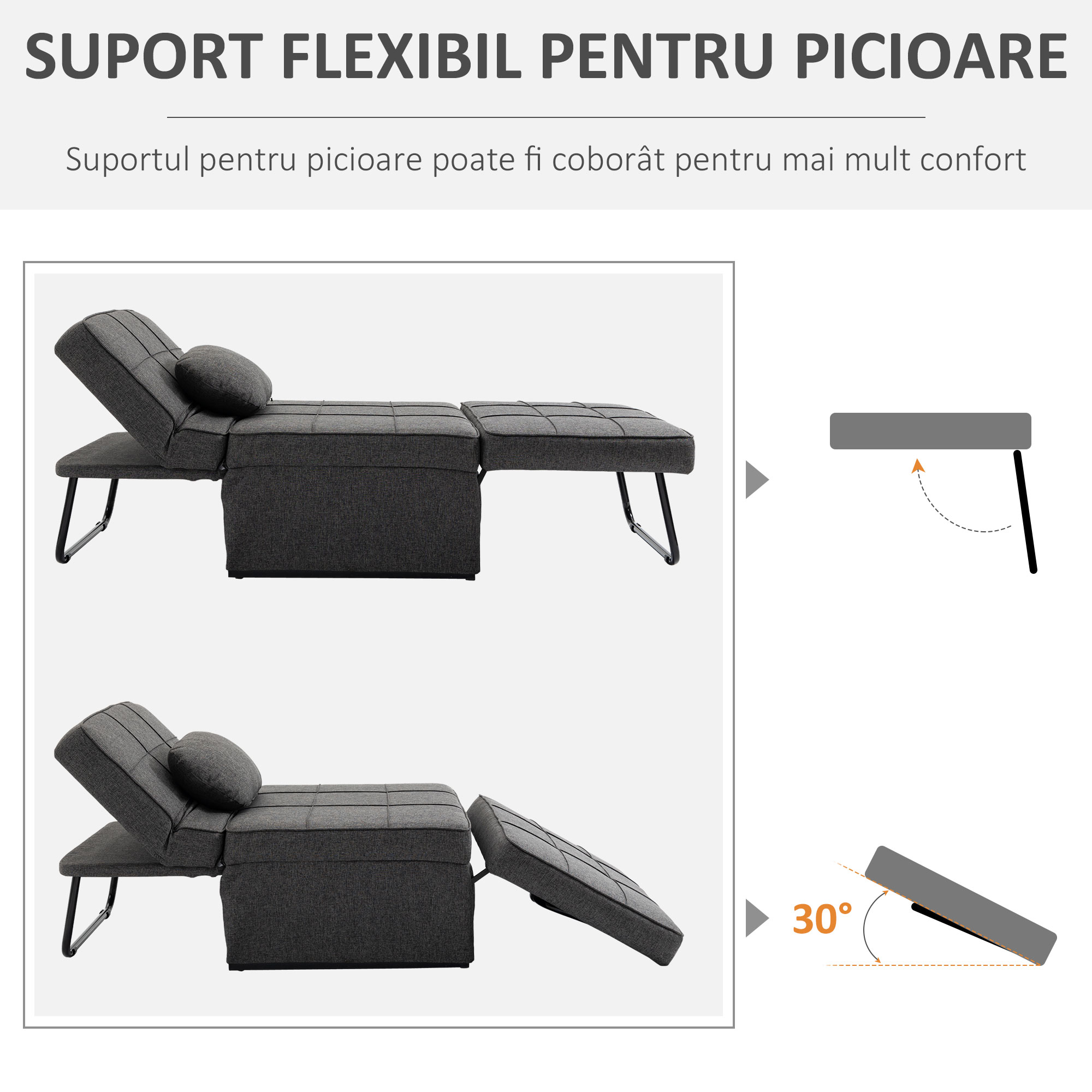  Taburet Pat Individual 3 in 1 cu Spatar Reglabil pe 5 Nivele si Perna Suplimentara, 95x179x78 cm, Gri [5]