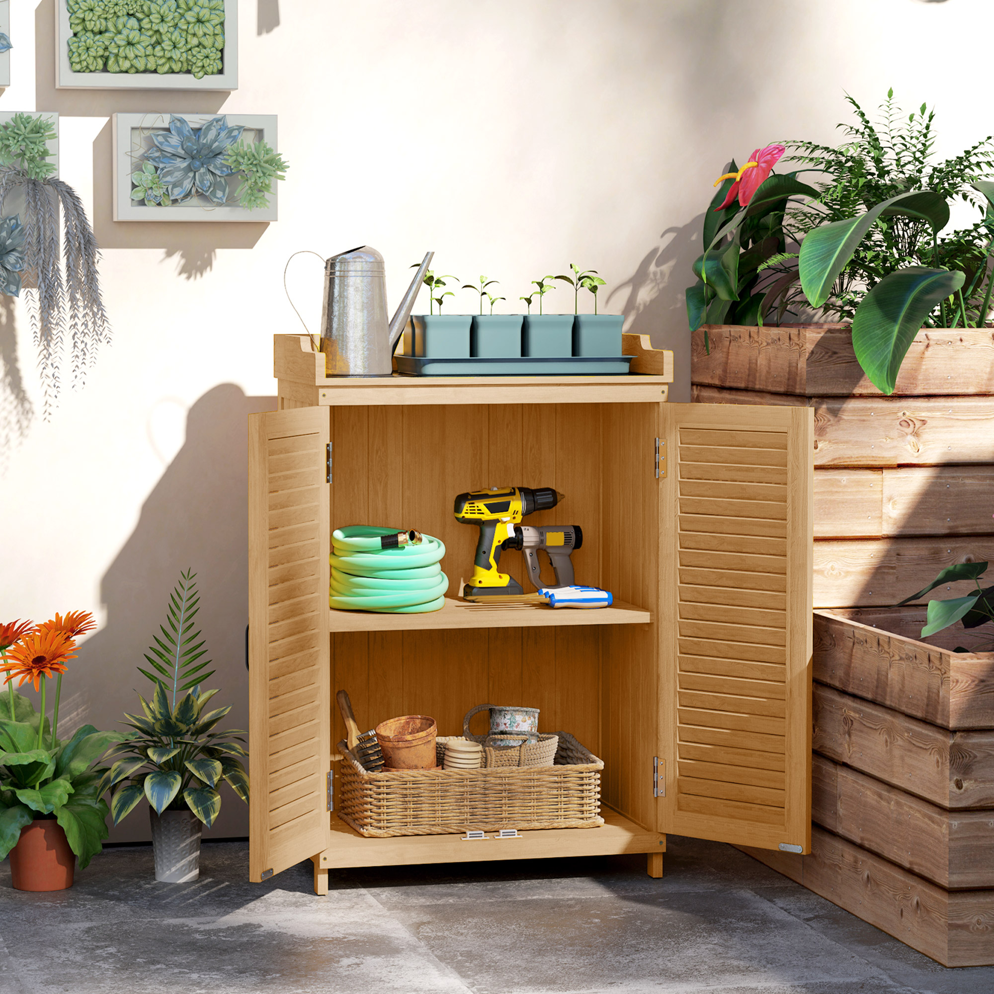Outsunny Gartenschrank Holz, Geräteschuppen mit Arbeitsfläche, wetterfest G günstig online kaufen