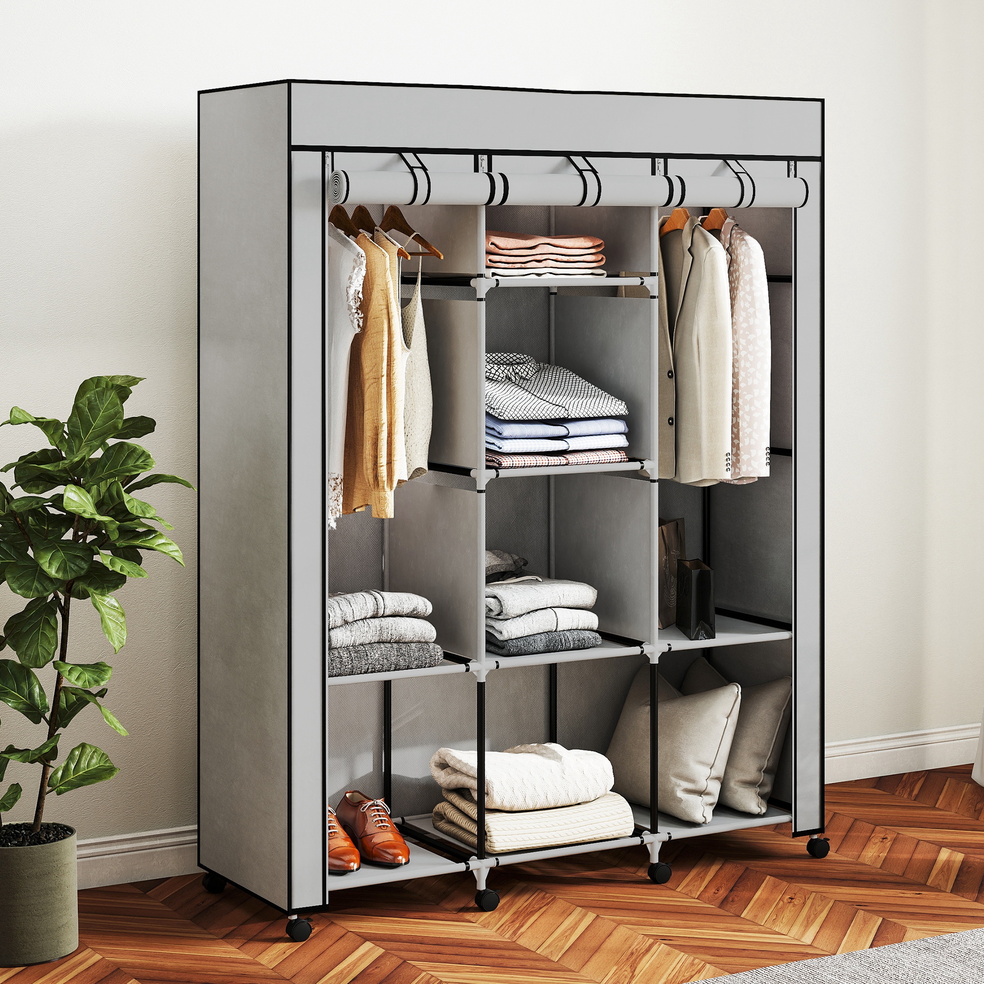 HOMCOM Stoffschrank, Kleiderschrank mit Rolle, Kleiderstangen, 8 Ebenen, Fa günstig online kaufen