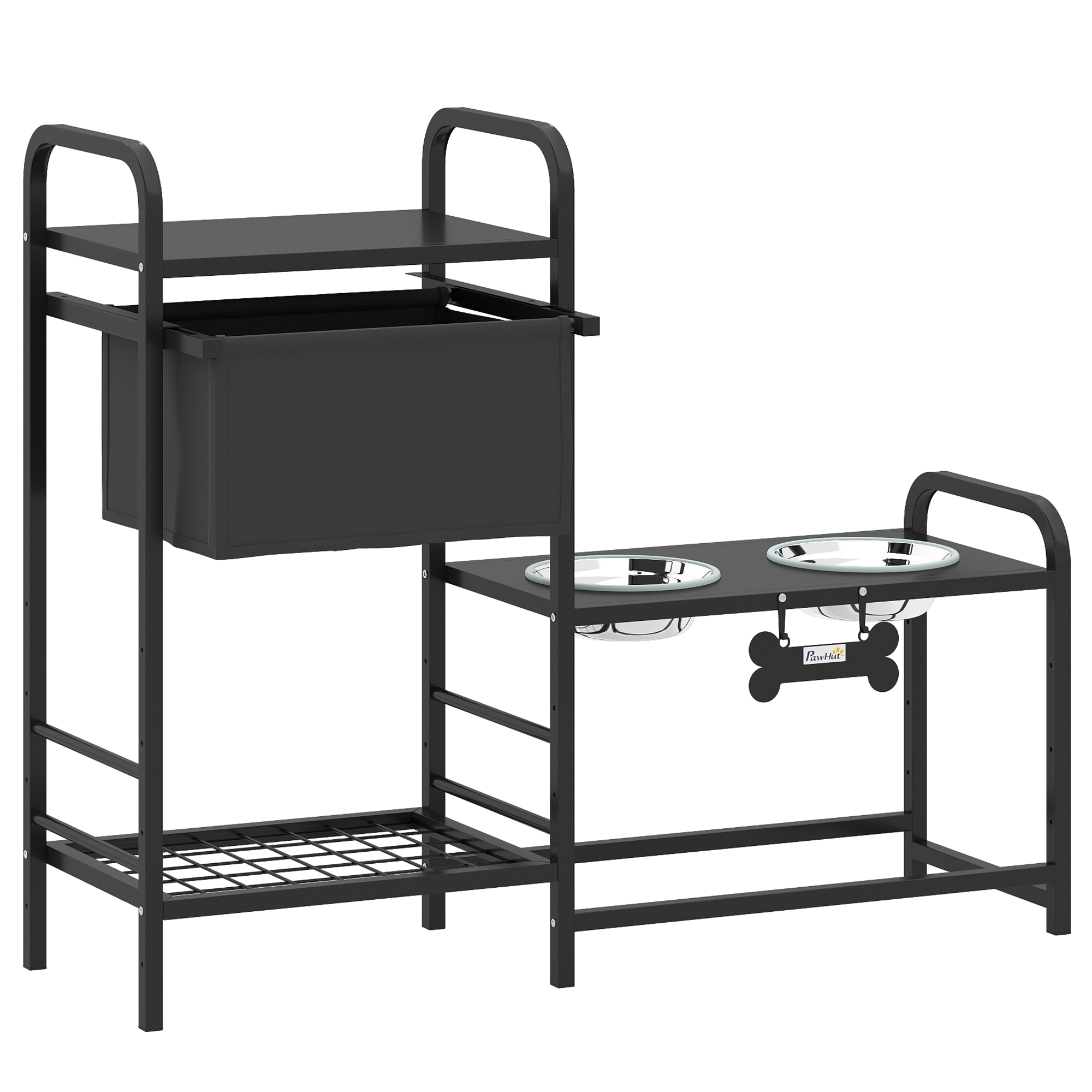 Meilleurs prix pour PawHut Gamelle surélevée réglable en hauteur avec rangement, bol d'eau, 2 x 800 ml bols en acier inoxydable 89,5x27x74 cm Noir