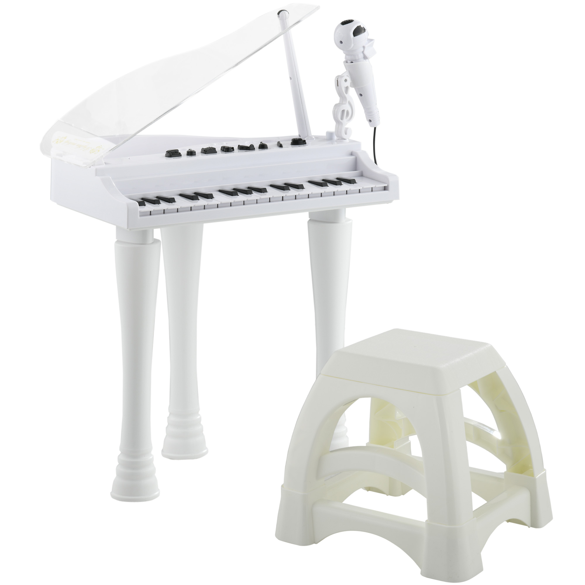 AIYAPLAY Juego de Piano Infantil de 32 Teclas con Micrófono Taburete Luces 22 Canciones y 4 Sonidos 37x30,5x60,4 cm Blanco