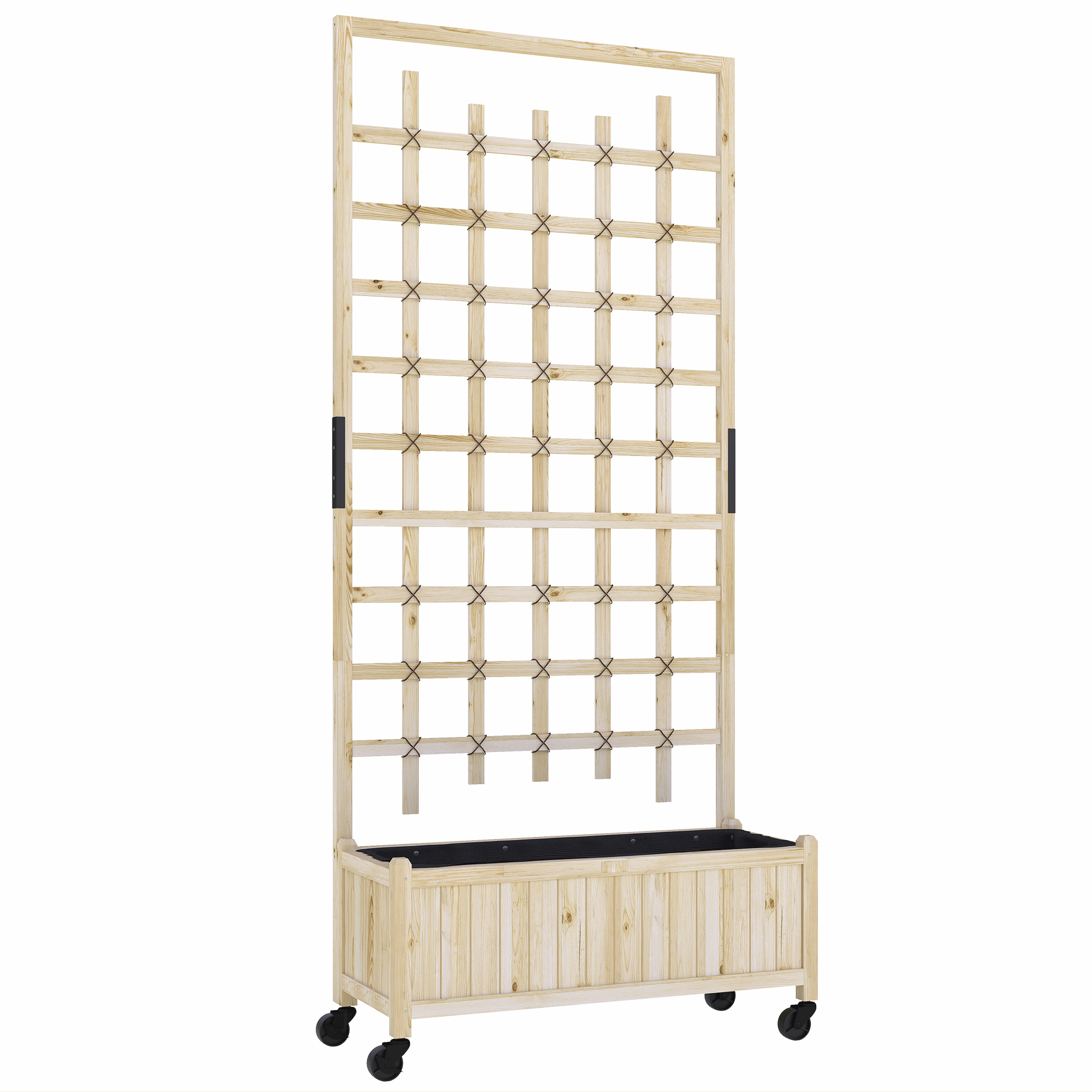 Outsunny Jardinera con enrejado, cajón para flores con ruedas, para plantas trepadoras, madera maciza, 82,5x35x186cm, madera natural | Aosom España