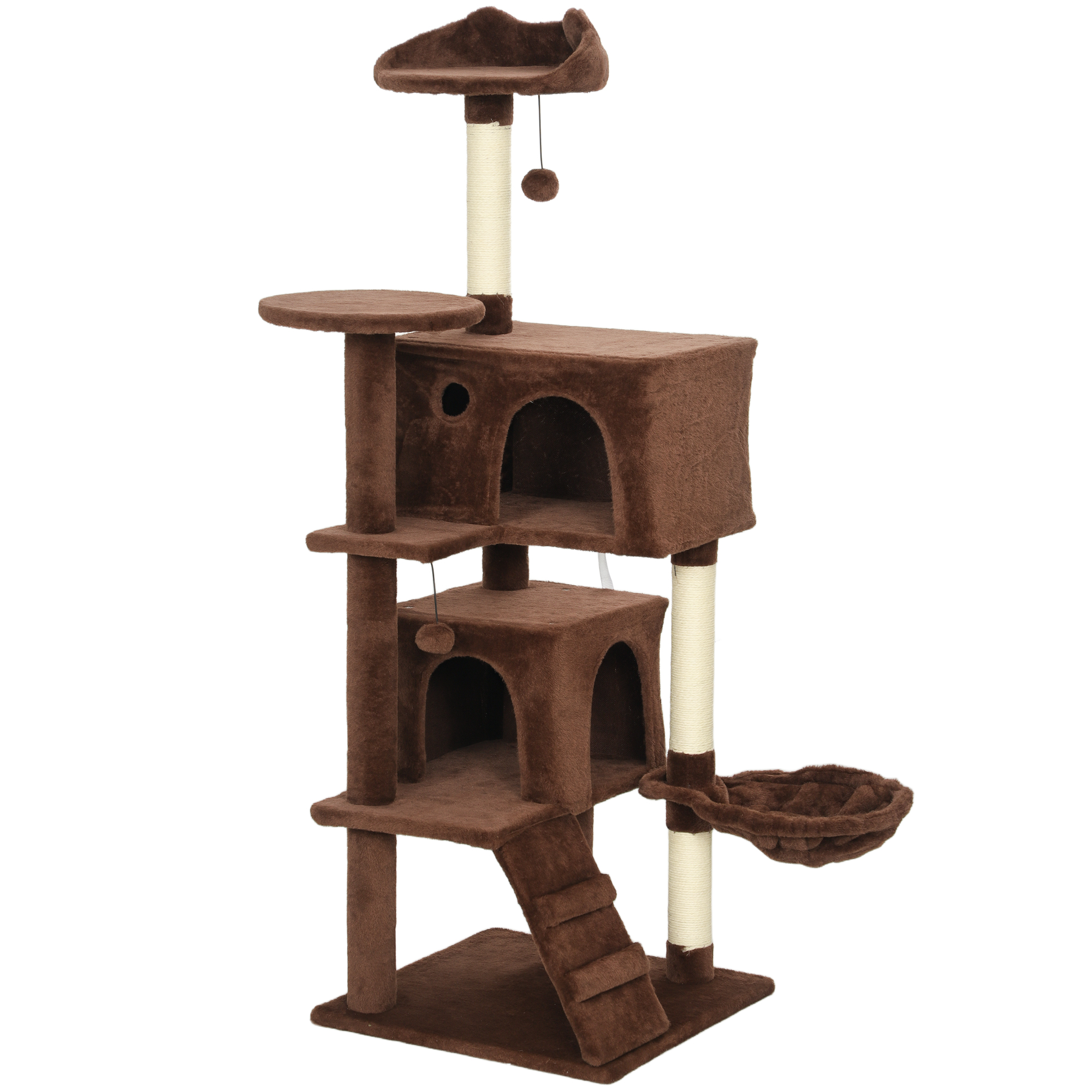 PawHut Árbol Rascador para Gatos 140 cm con Plataformas Cama 2 Cuevas Hamaca Escalera Postes de Sisal Marrón