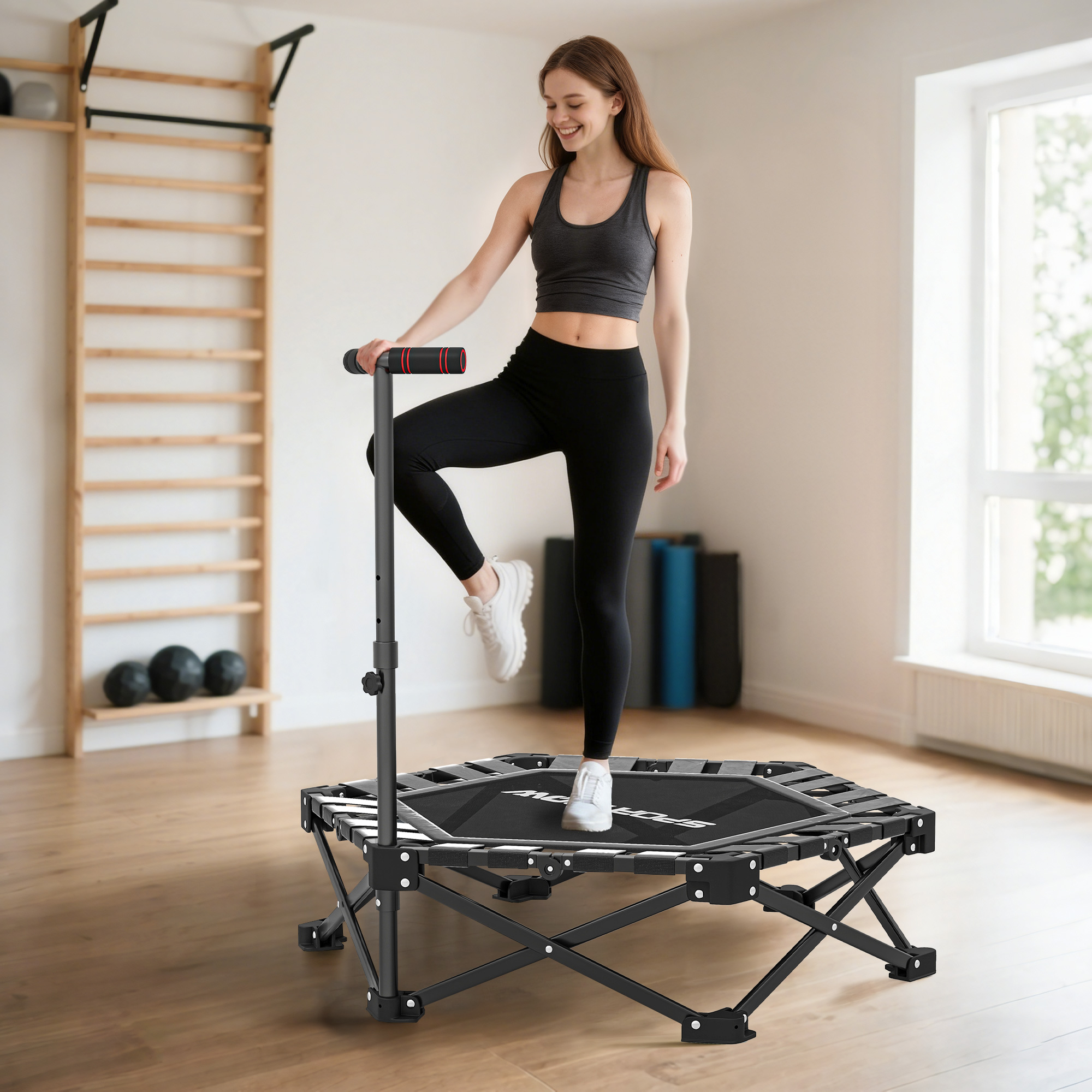 Sportnow Fitness Trampolin Klappbar Ø104 Cm Mini Trampoline Mit Schnellfaltmechanismus 3 Fach HöHenverstellbar Haltegriff Tragtasche Leise Trampolin 120Kg Belast Trampoline FüR Indoor Outdoor Jumping Aosom-image