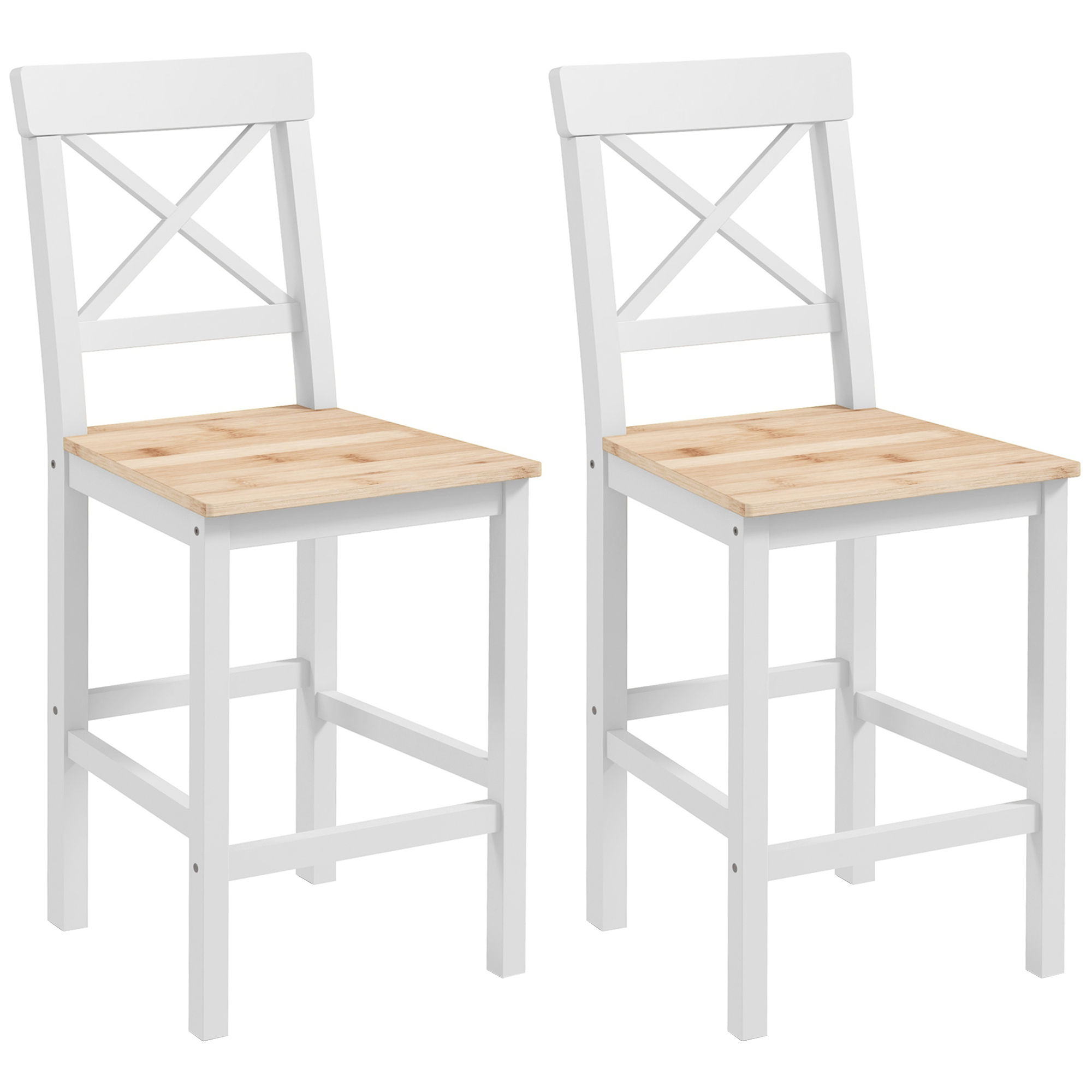 HOMCOM Taburetes Altos de Cocina de Madera Altura Asiento 60,2 cm con Respaldo y Reposapiés 41x46x97,5 cm Natural y Blanco | Aosom España