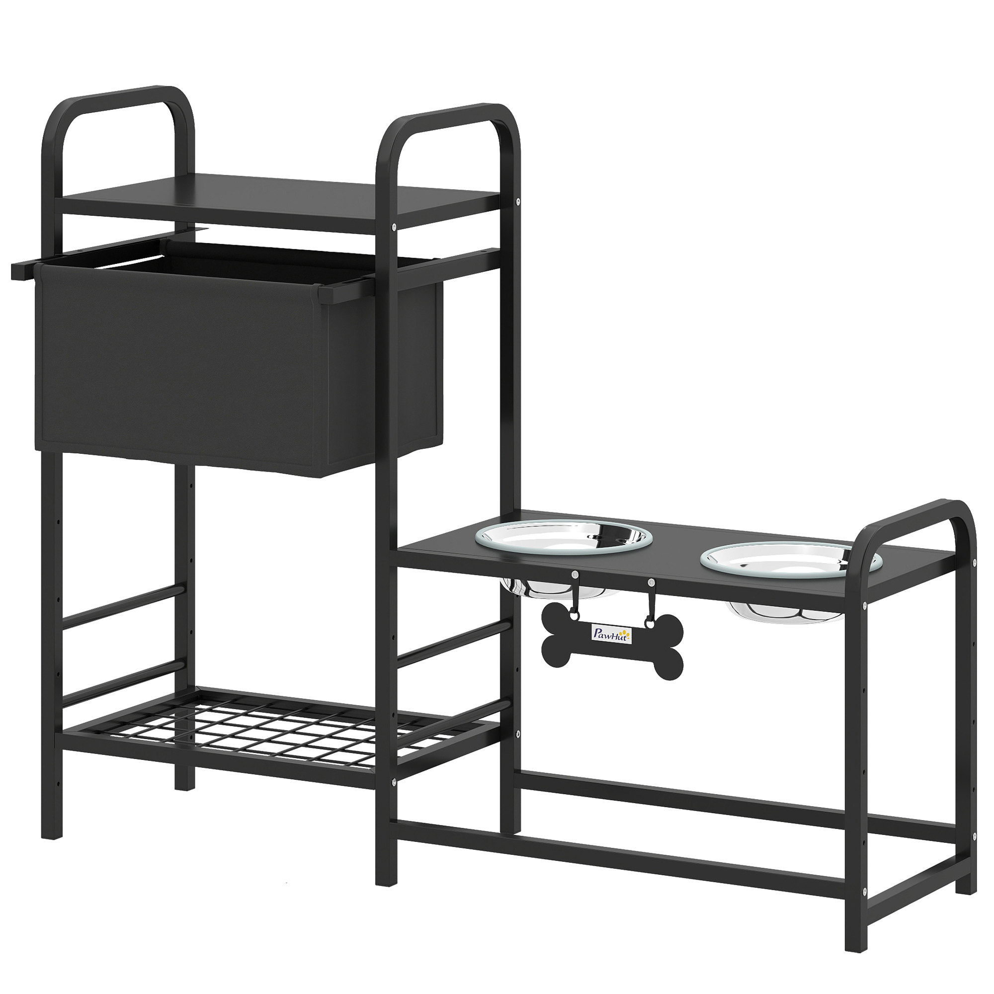 PawHut Comedero Perro Elevado con Cajón de Tela 2 Cuencos de Acero Inoxidable 2x800 ml Altura Ajustable 2 Estantes Negro