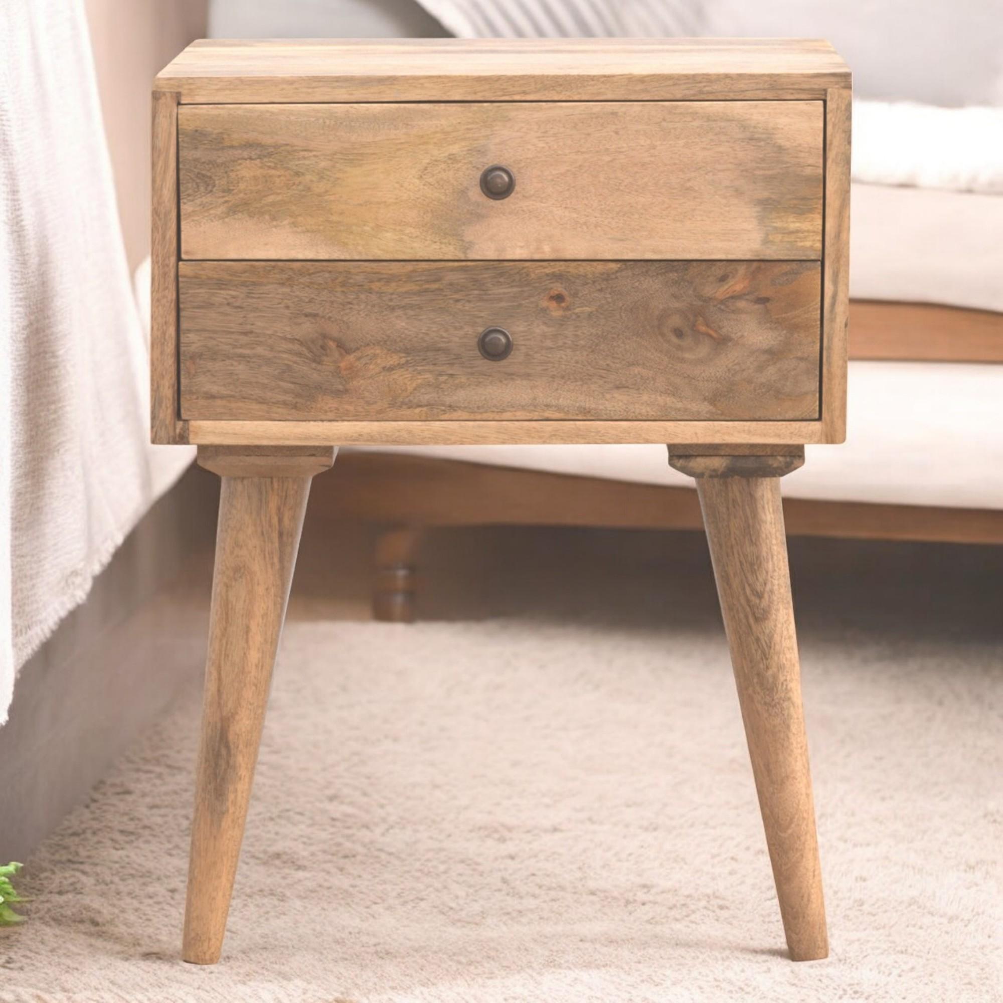 Solid Mango Wood Bedside Table with Nordic Legs and Clear Natural Finish, Bedside Cabinet with 2 Drawers, 35L x 45W x 57H cm, Brown   Aosom UK