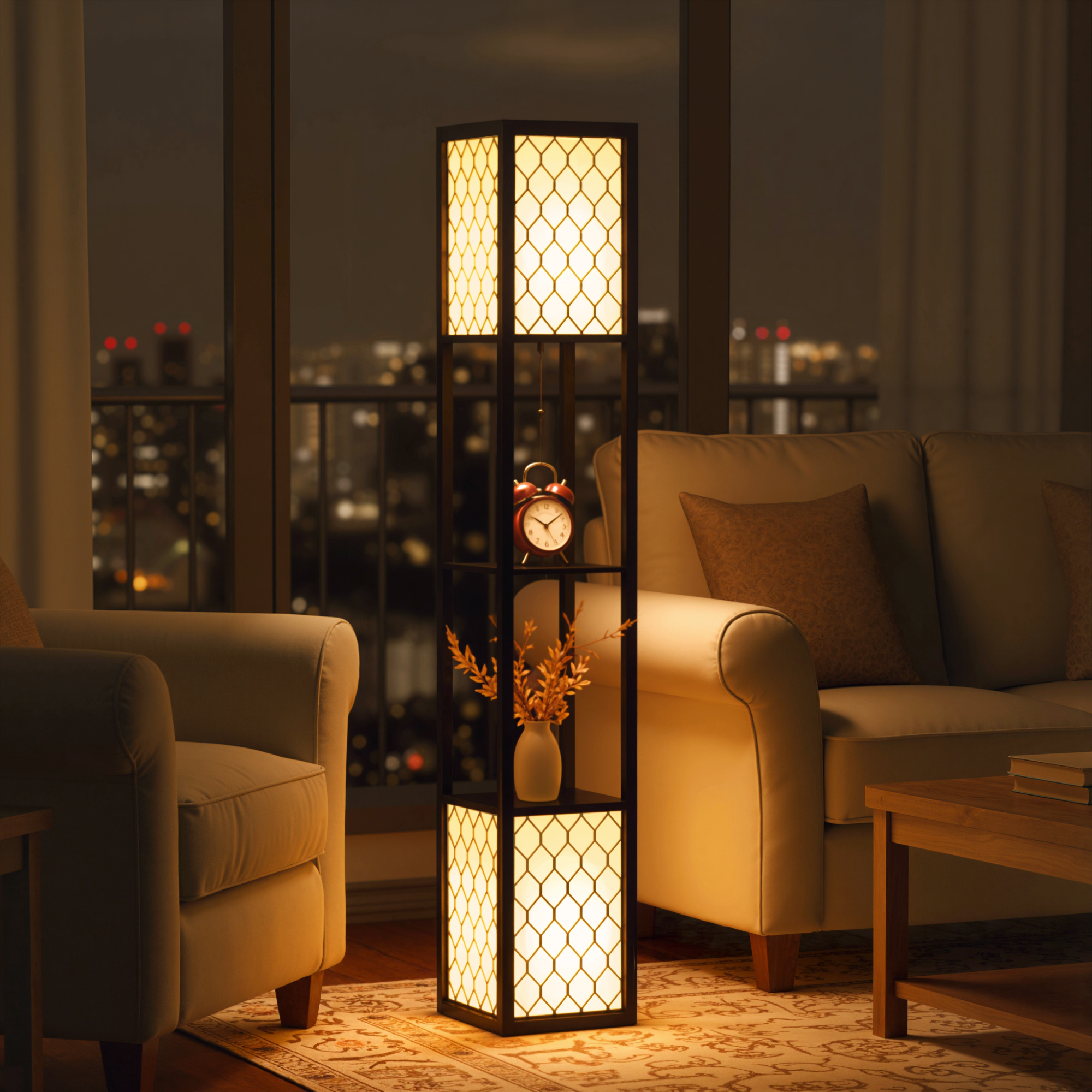 PULUOIS Floor Lap With Shelves, 3 Layers Wooden Shelf Standing Light