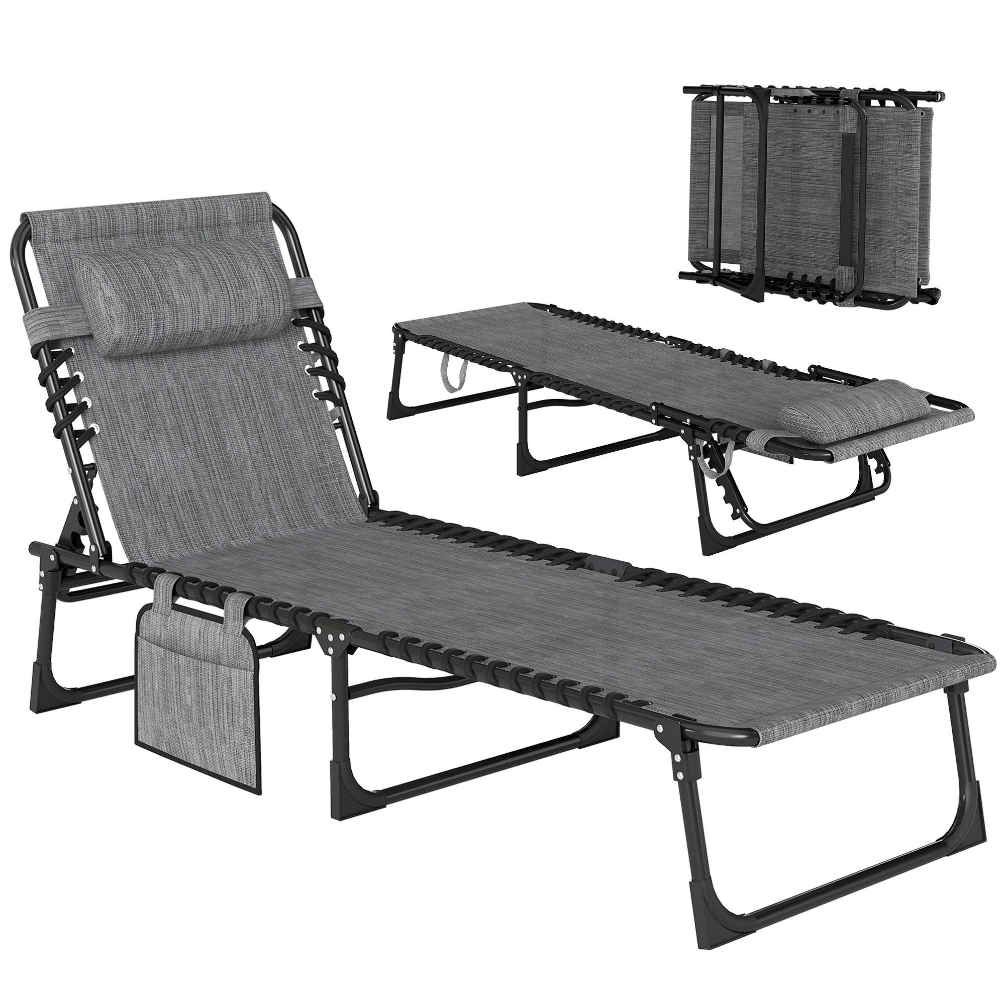 Outsunny Tumbona plegable baño de sol respaldo reclinable 5 niveles reposacabezas desmontable 189 x 58 x 30 cm gris