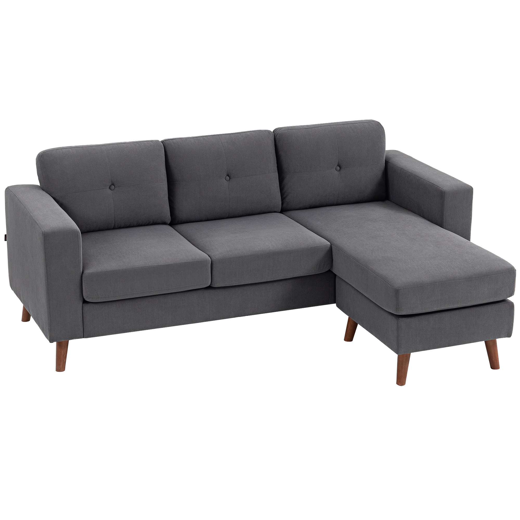 HOMCOM Sofá Chaise Longue Reversible de 3 Plazas Tapizado en Pana Marco de Acero para Espacios Reducidos Gris Oscuro
