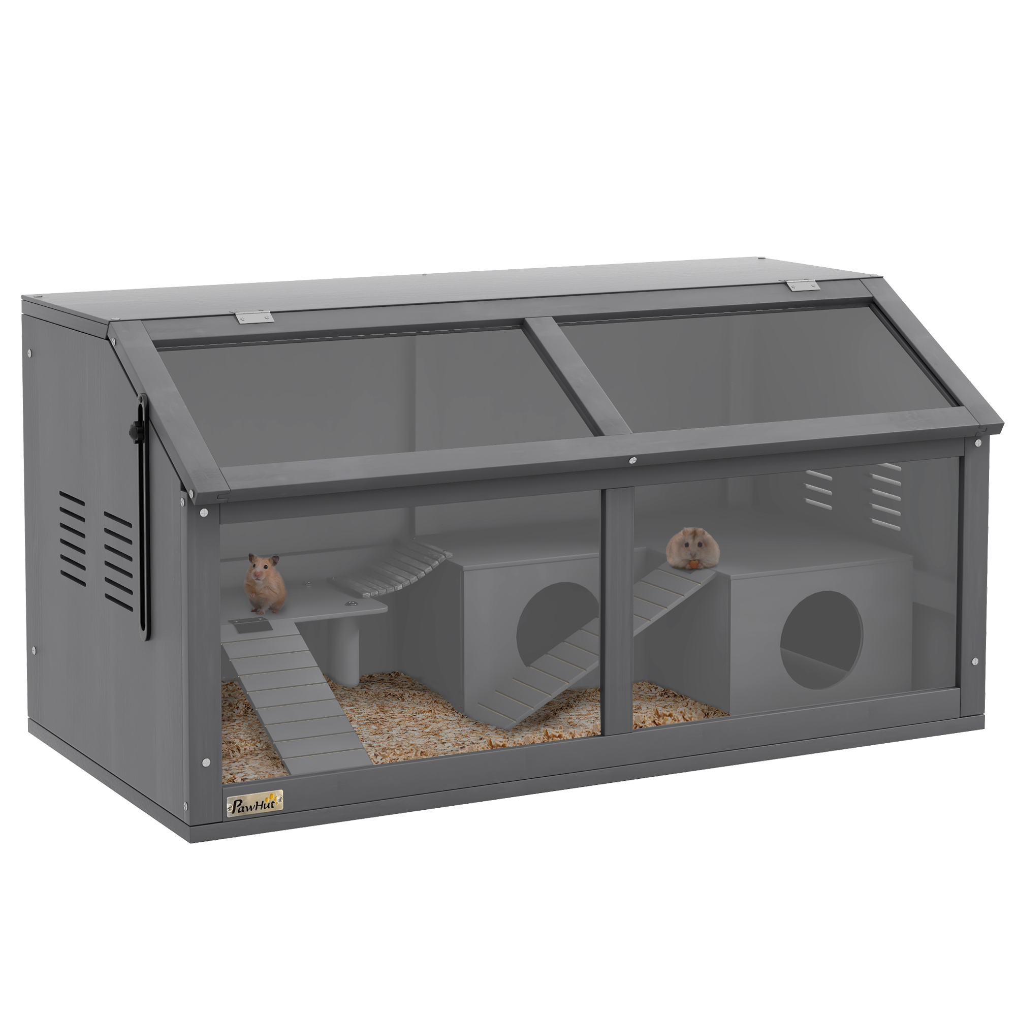 PawHut Hamsterkäfig, Kleintierkäfig aus Holz mit Hängebrücke, Leitern, Hütte, Obertür, Nagerkäfig für Hamster, Zwerghamster, 85x45x44 cm, Dunkelgrau   Aosom – PawHut