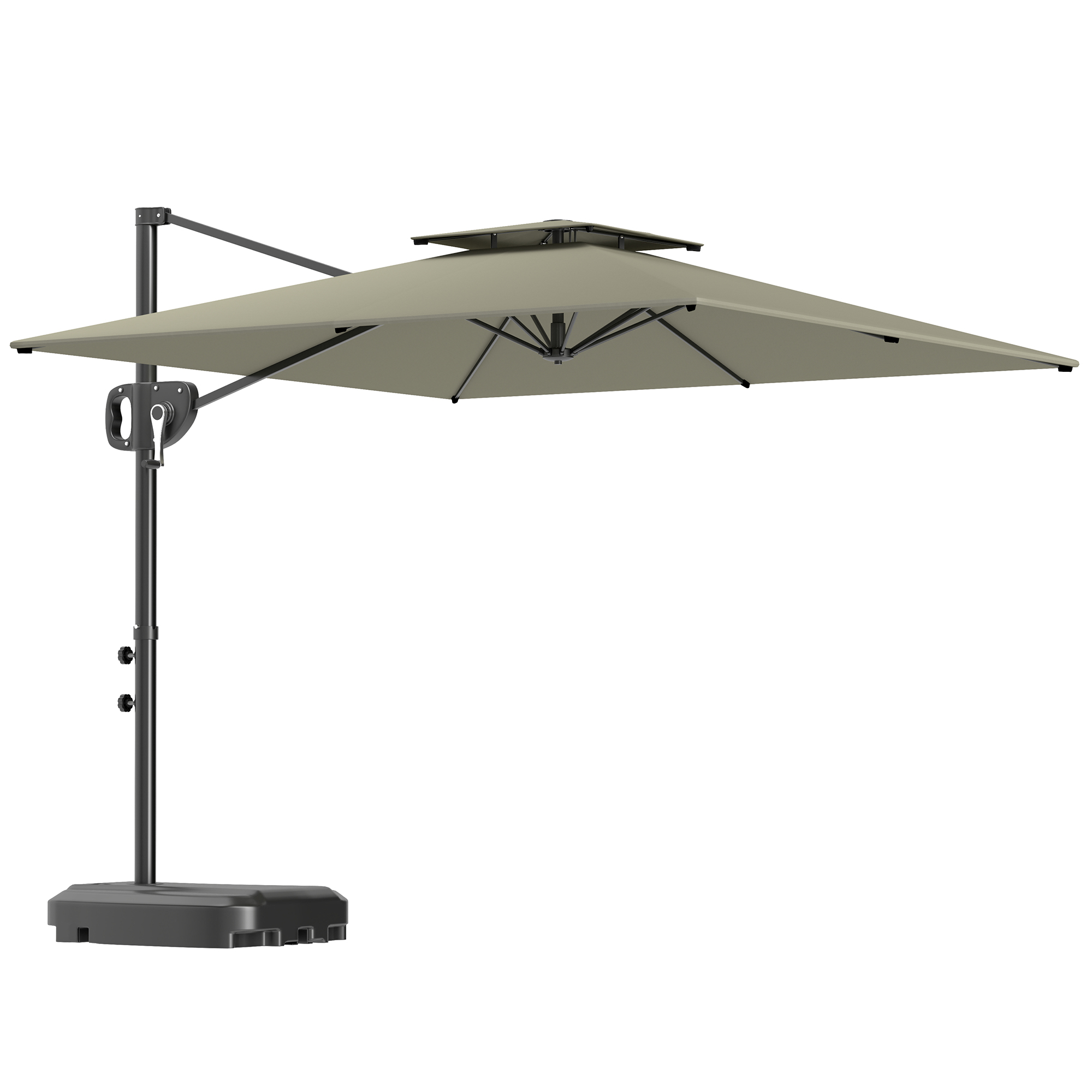 Outsunny Parasol lateral 247 x 247 cm inclinable con doble techo, manivela, base, resistente al agua, Gris claro