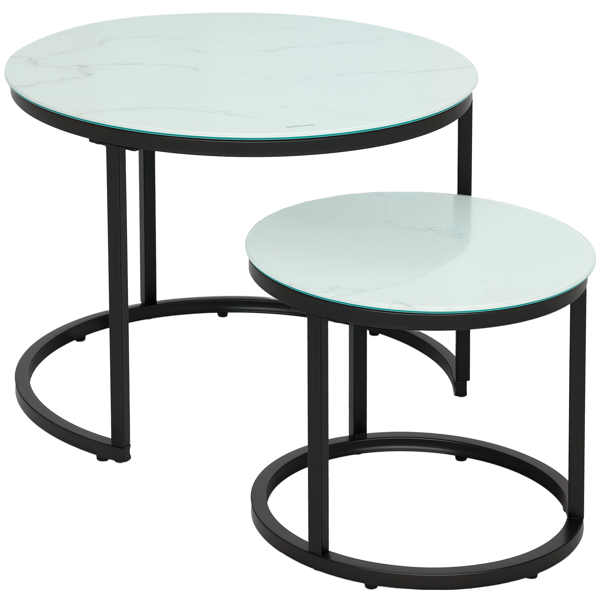 HOMCOM Glass Coffee Table Set of 2, Round Nest of Tables with Marble-Effect Tempered Glass Tabletop, Modern Side Tables for Living Room, White