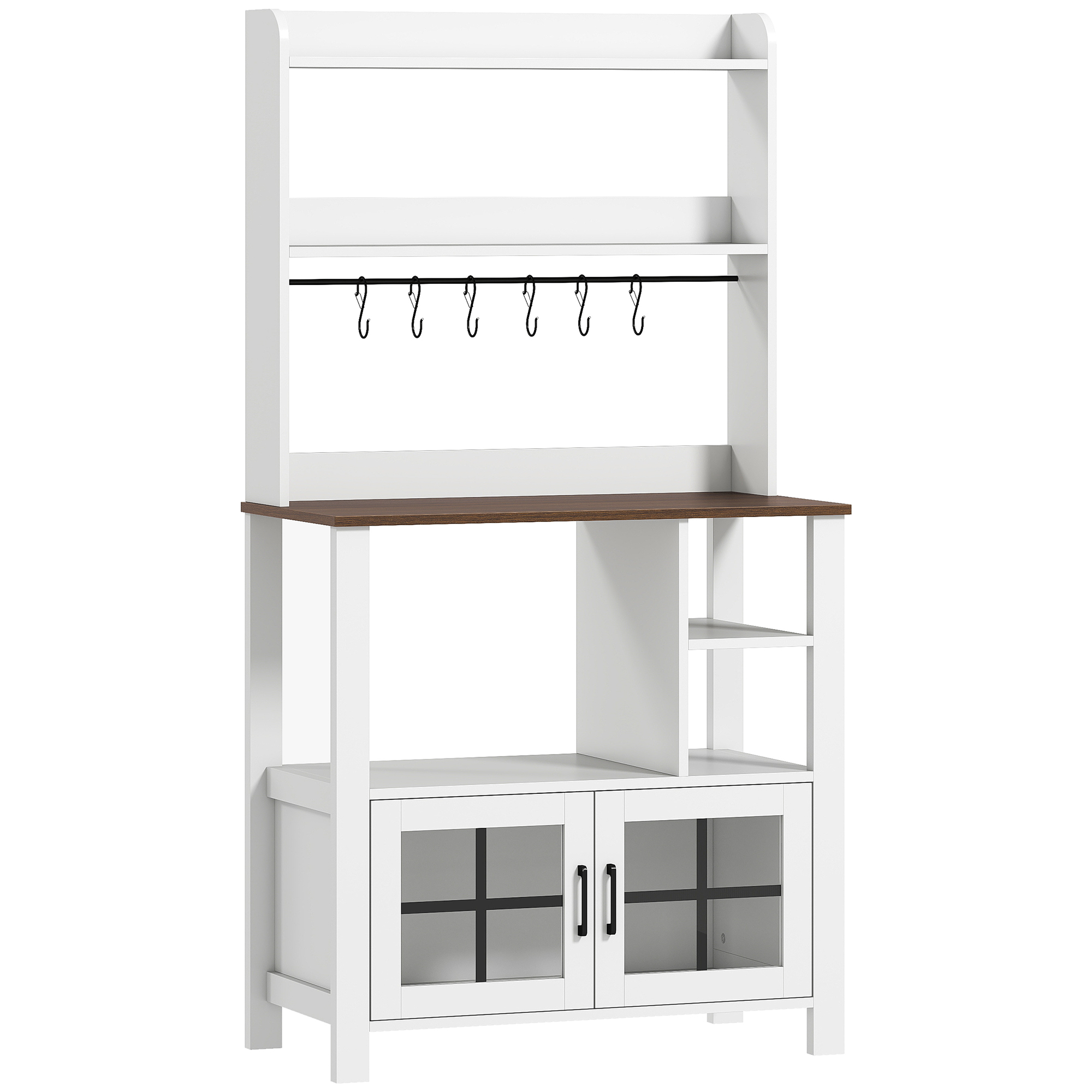 HOMCOM Alacena de Cocina con 6 Ganchos para Tazas 2 Puertas de Vidrio Estantes Abiertos 80x40x152 cm Blanco