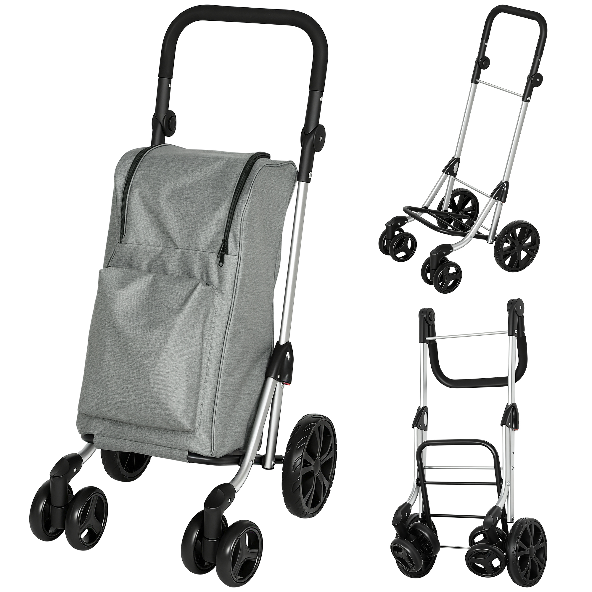 HOMCOM Carrito de Compra Plegable de 46 L Carro 3 en 1 con 6 Ruedas Bolsa Térmica y Asa Ajustable 44x58x100 cm Gris