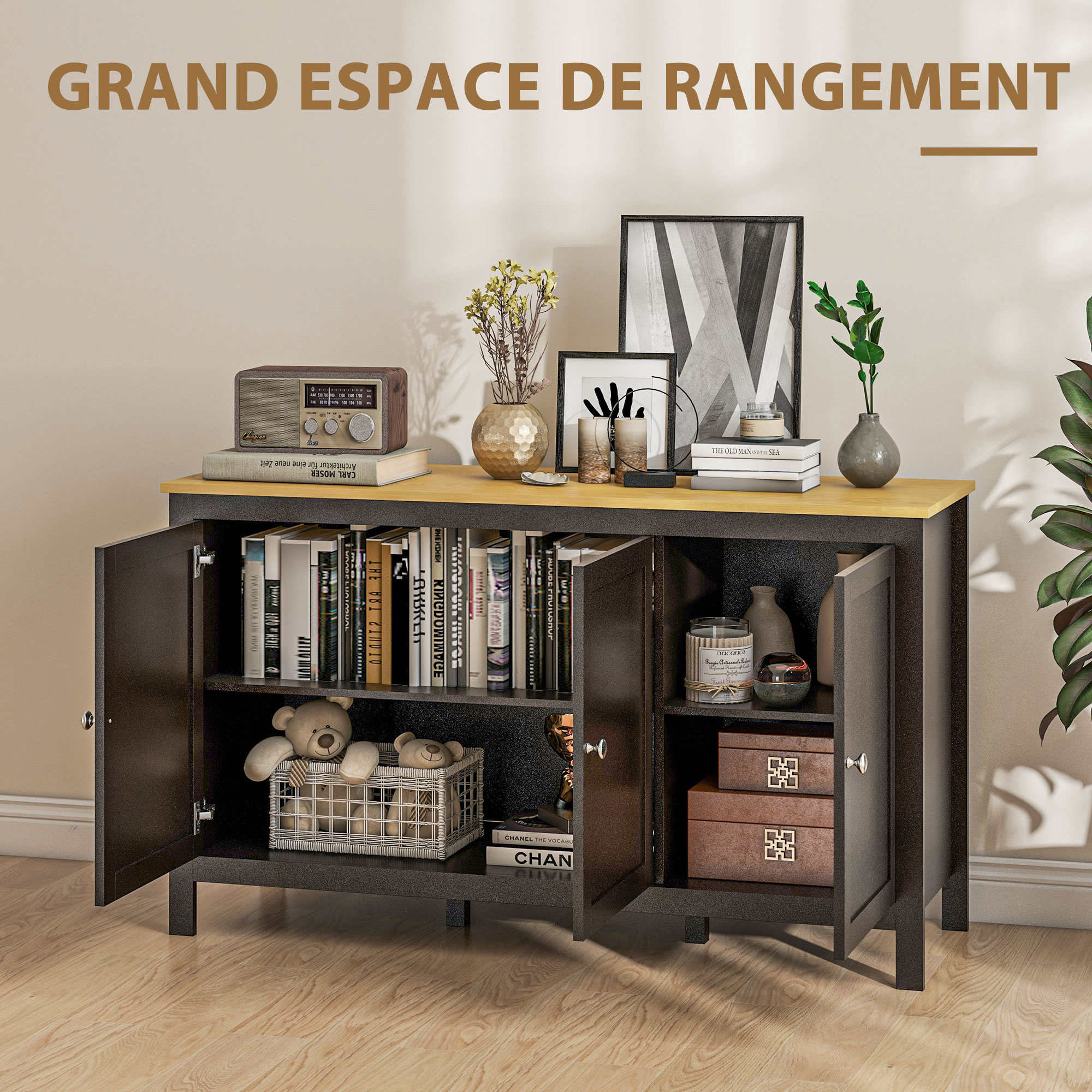 Buffet Rangement HOMCOM 120x40x70 Cm - Noir Et Bois Clair, 3 Portes, 2 étagères Réglables, 50 Kg Max - 6
