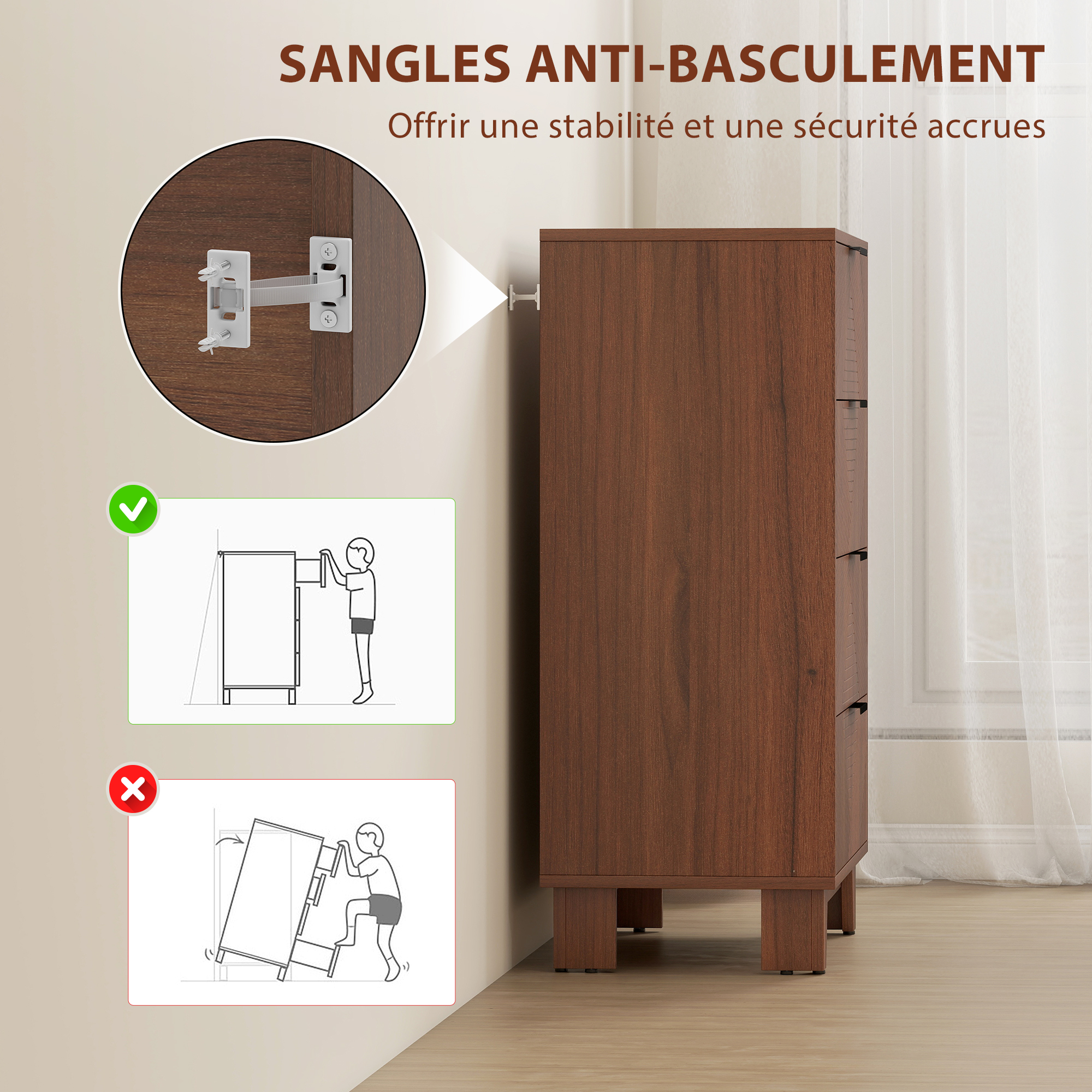 Commode 4 Tiroirs HOMCOM - 60x36x90 Cm, Effet Bois Marron - Meuble Rangement Chambre Ou Salon - 9