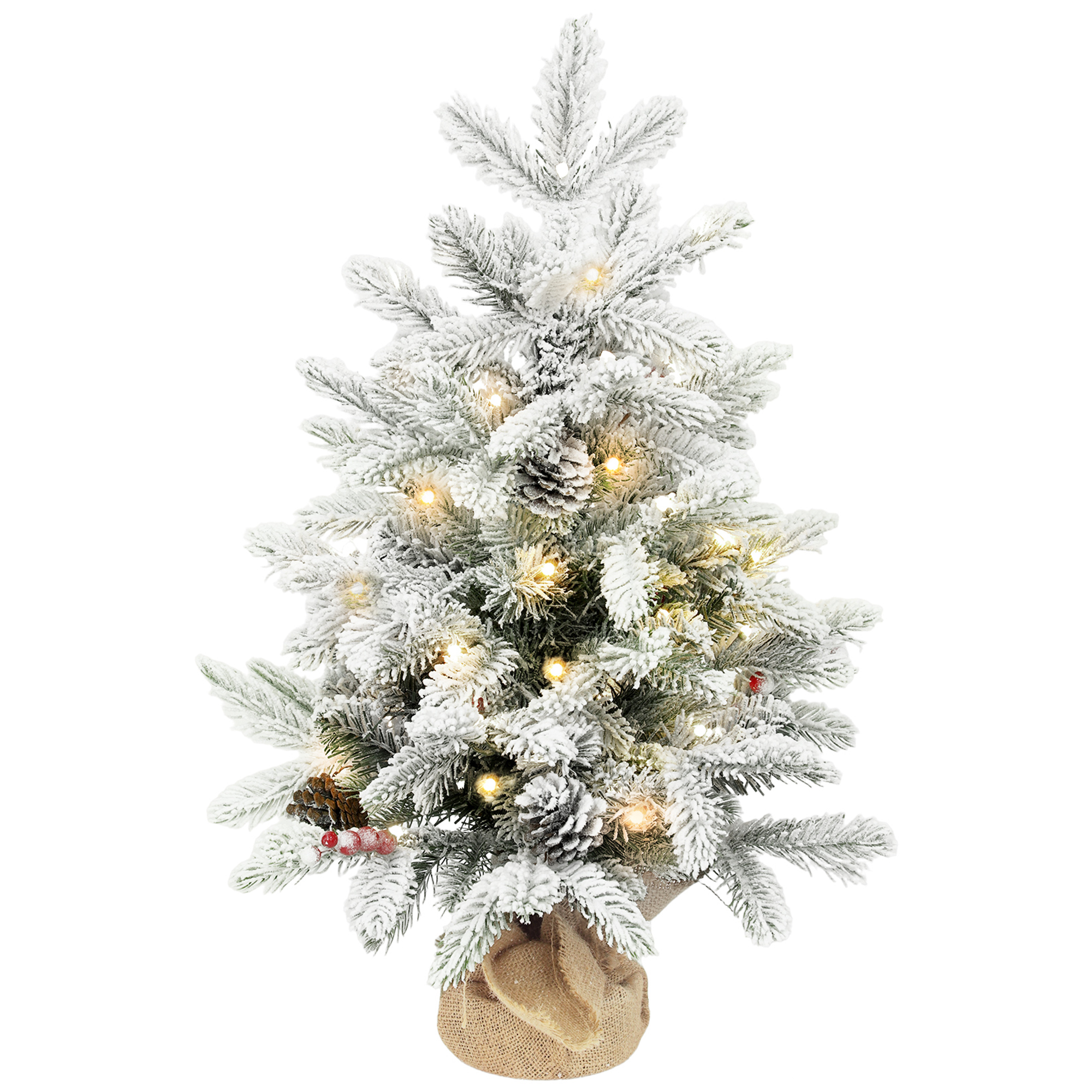 HOMCOM Mini Árbol de Navidad Artificial 60 cm con 35 Luces LED 182 Ramas Densas con Nieve Adornos y Base de Arpillera Verde