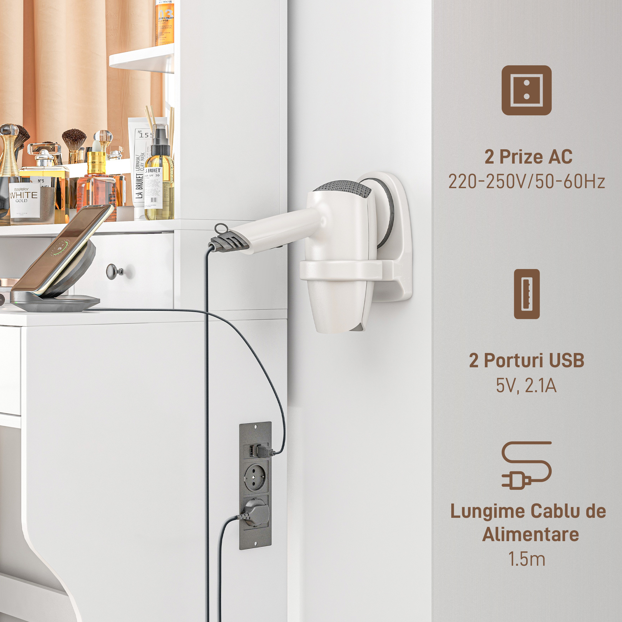  Masa de Toaleta cu Oglinda Iluminata LED, Masa de Machiaj cu Statie de incarcare, 4 sertare si rafturi de depozitare, 90x45x160 cm, Alb [4]