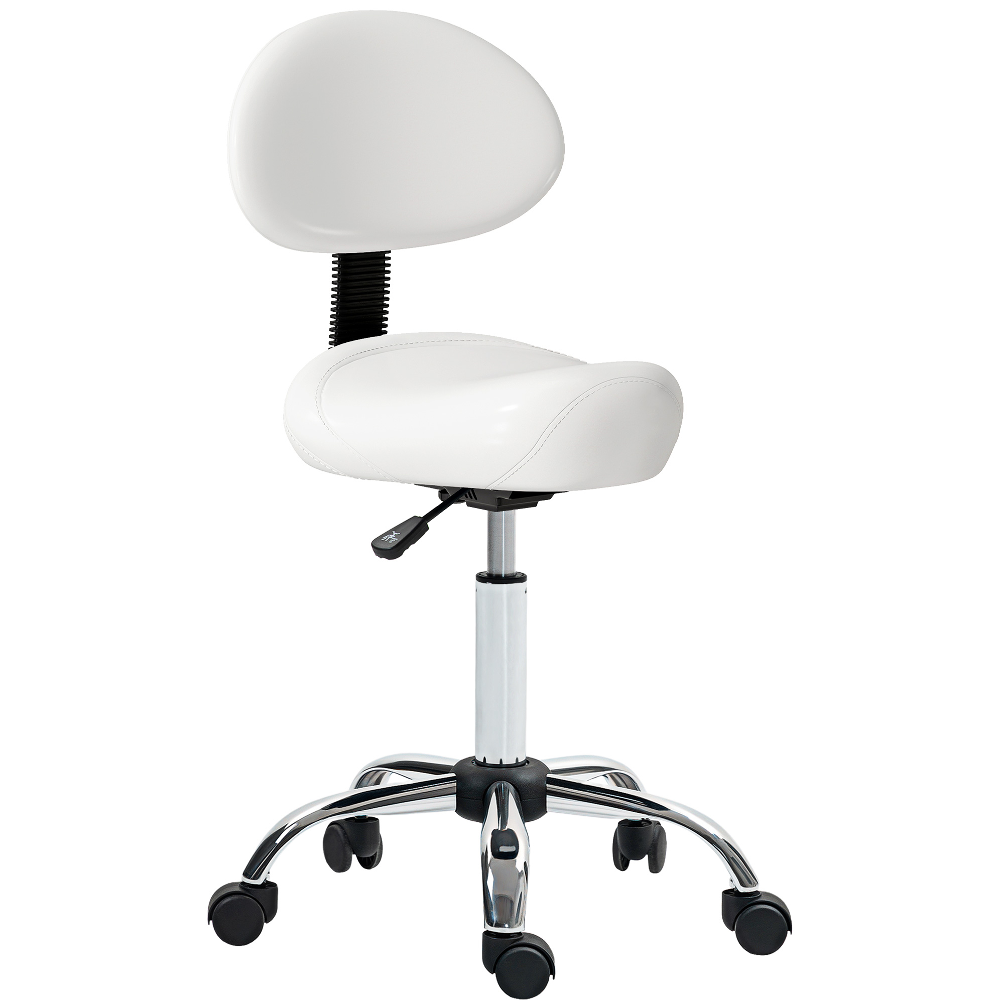Tabouret pivotant avec dossier et roulettes Siège réglable pour salons de beauté Studio de tatouage Blanc