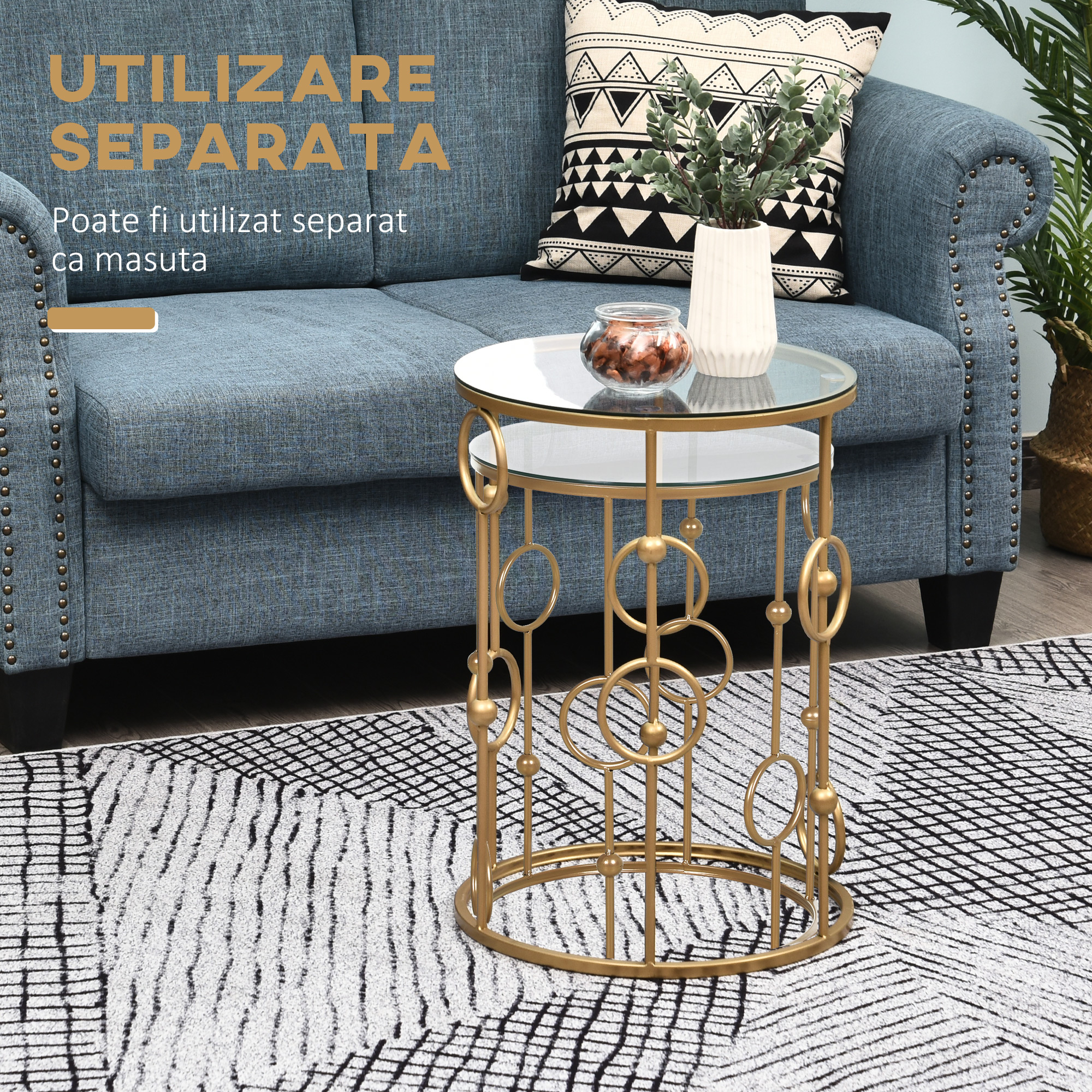  Set Masute Cafea - 2 Piese din Sticla & Metal, Design Modern [5]