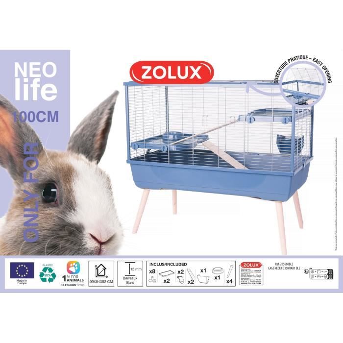 Cage pour lapin et grand rongeur - H92 cm à H114 cm - Zolux NEOLIFE bleue